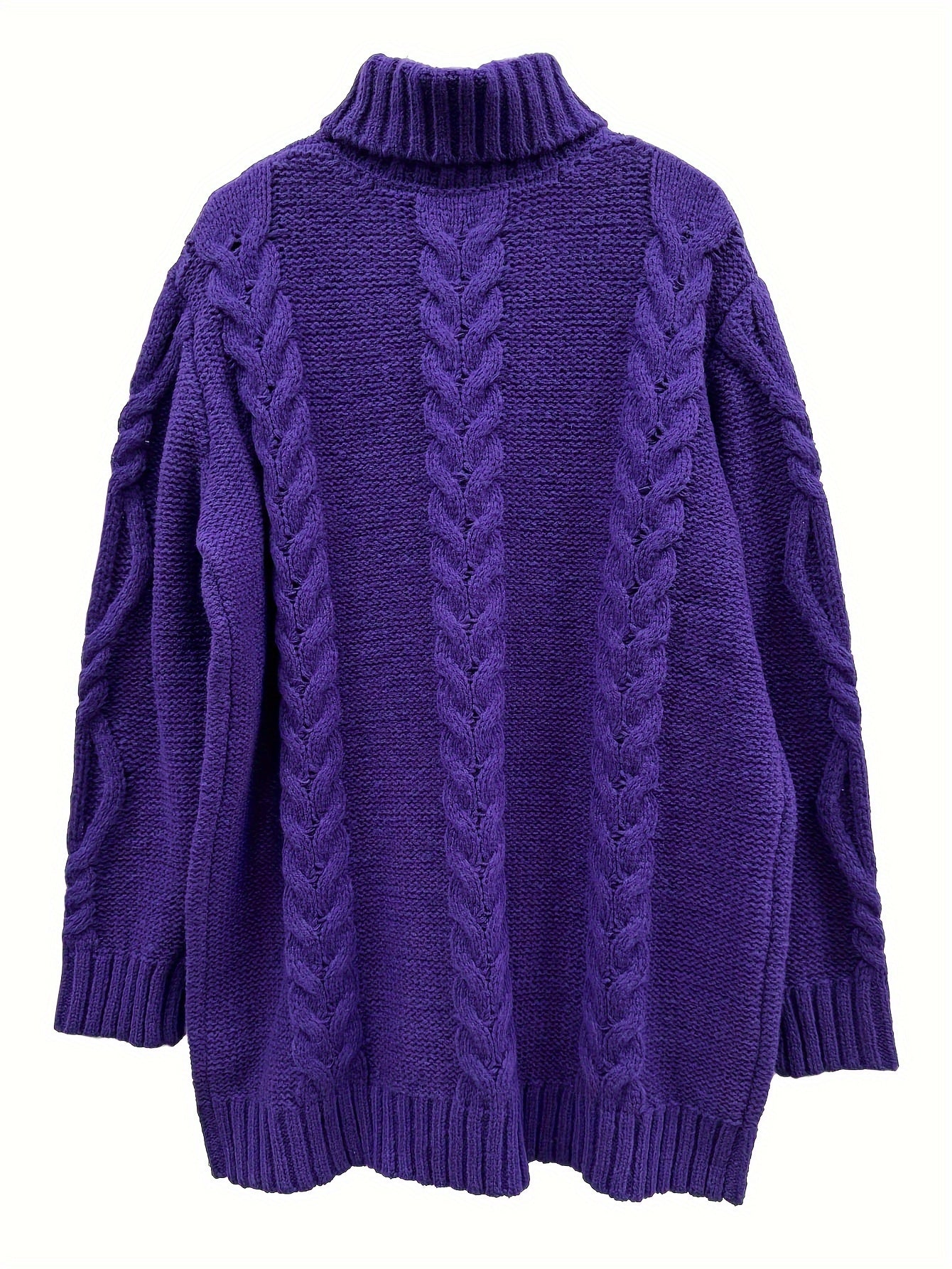 Cozy Solid Color Cable Knit Sweater for Women - Elegant Turtleneck Polyester Fall/Winter Essential