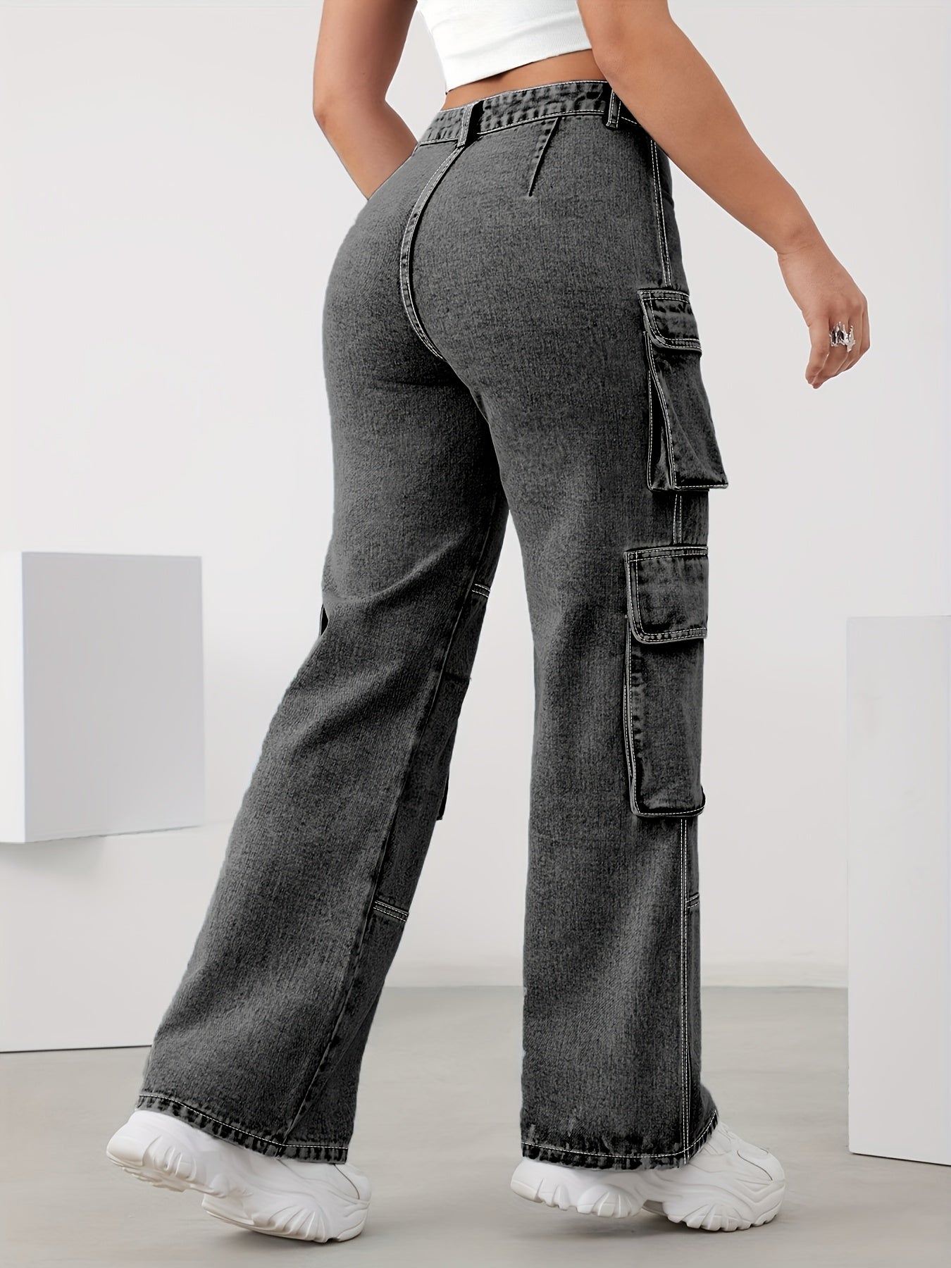 Pantalones vaqueros cargo de cintura alta para mujer, denim de gran tamaño con múltiples bolsillos, mezcla de rayón y viscosa elástica