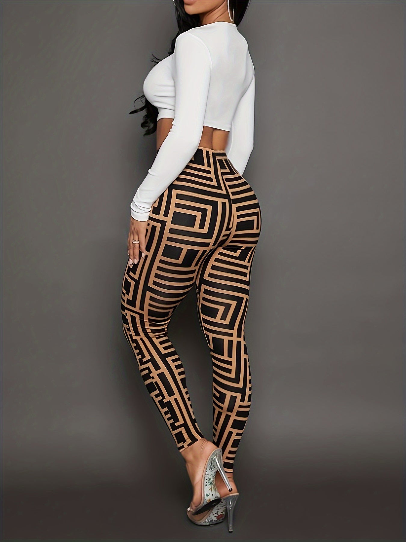 Leggings ajustados de cintura alta con estampado geométrico vibrante: elásticos, cómodos y favorecedores para uso diario: ropa informal de mujer para todo tipo de cuerpo