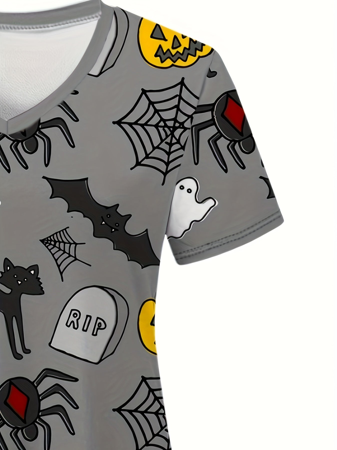 Blusa médica con cuello en V y estampado de Halloween, cómoda y funcional, perfecta para trabajar en hospitales y consultorios dentales, ropa de trabajo para mujer