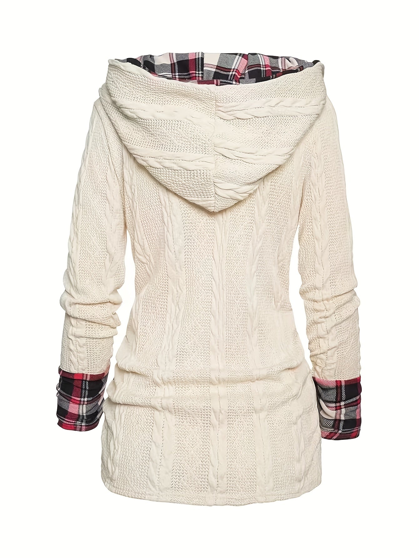 Plus Size Womens Cozy Hooded Gingham Plaid Print Cable Knit Long Sleeve Top