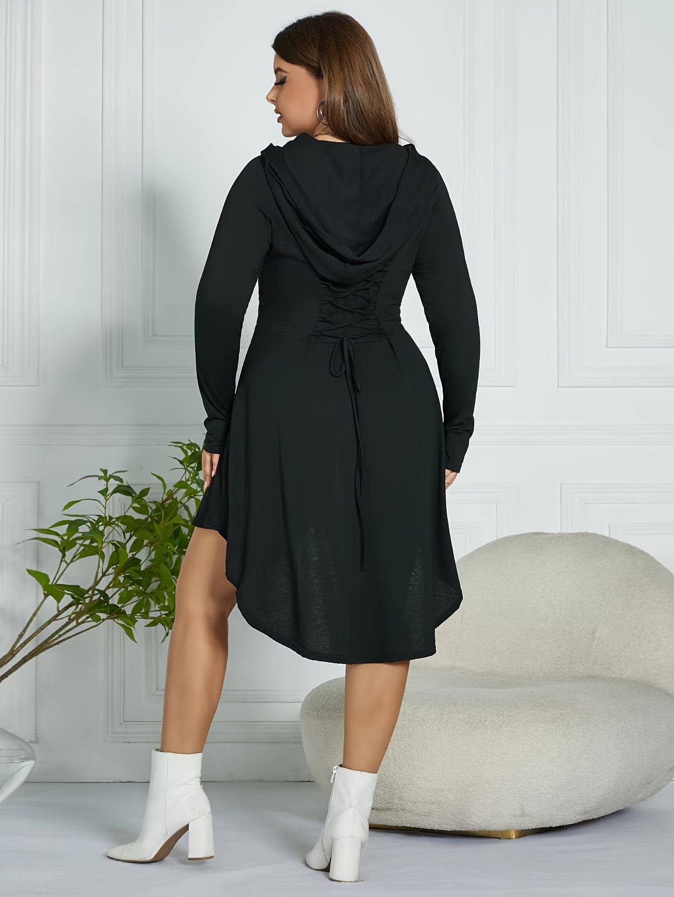 Plus Size Lace Up Dress, Solid Hooded Long Sleeve Dress For Spring, Women's Plus Size Clothing