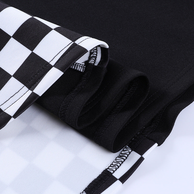 Chessboard Print Splicing Skirt, Gothic Ruched Punk Mini Skirt Without Belt, Women's Clothing