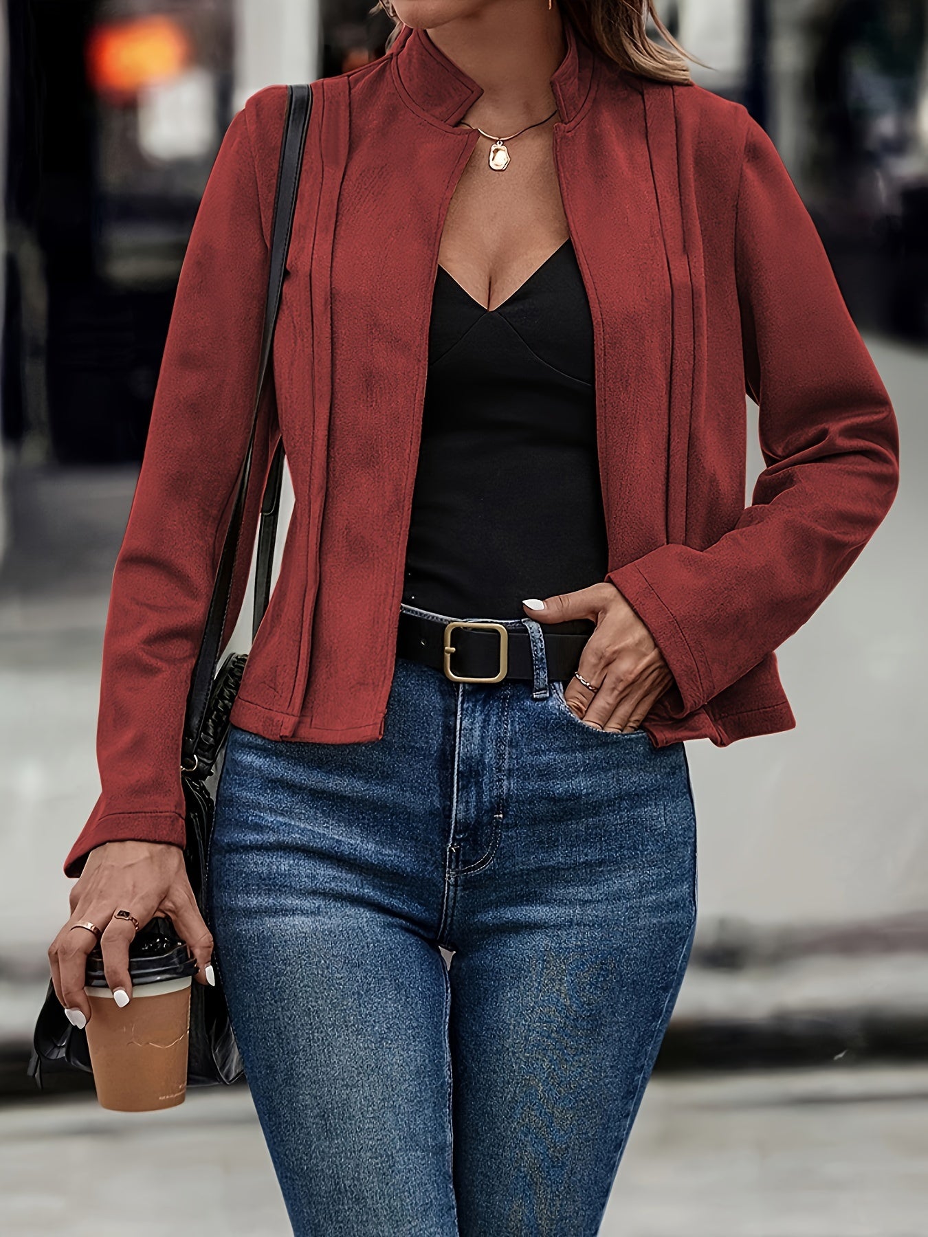 Chaqueta elegante de cuello alto y manga larga ajustada: diseño frontal abierto en color sólido suave, perfecta para la temporada de primavera y otoño, prenda elegante para mujer para uso diario