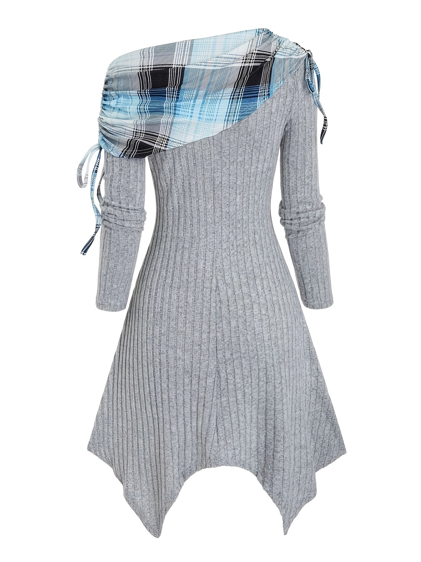 Vintage Elegance Plaid Dress - Asymmetrical Cowl Neck, Mid-Elastic Long Sleeve