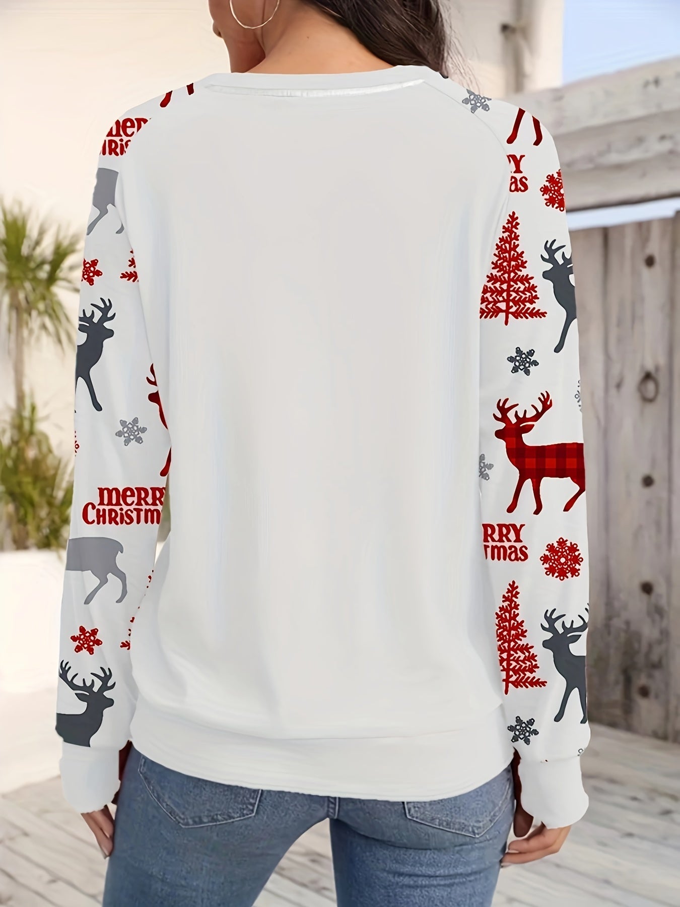 Merry Christmas Reindeer Print Casual Crew Neck Sweatshirt - 100% Polyester, Raglan Long Sleeve, Knit Fabric, Slight Stretch, Regular Fit Pullover for Spring/Fall