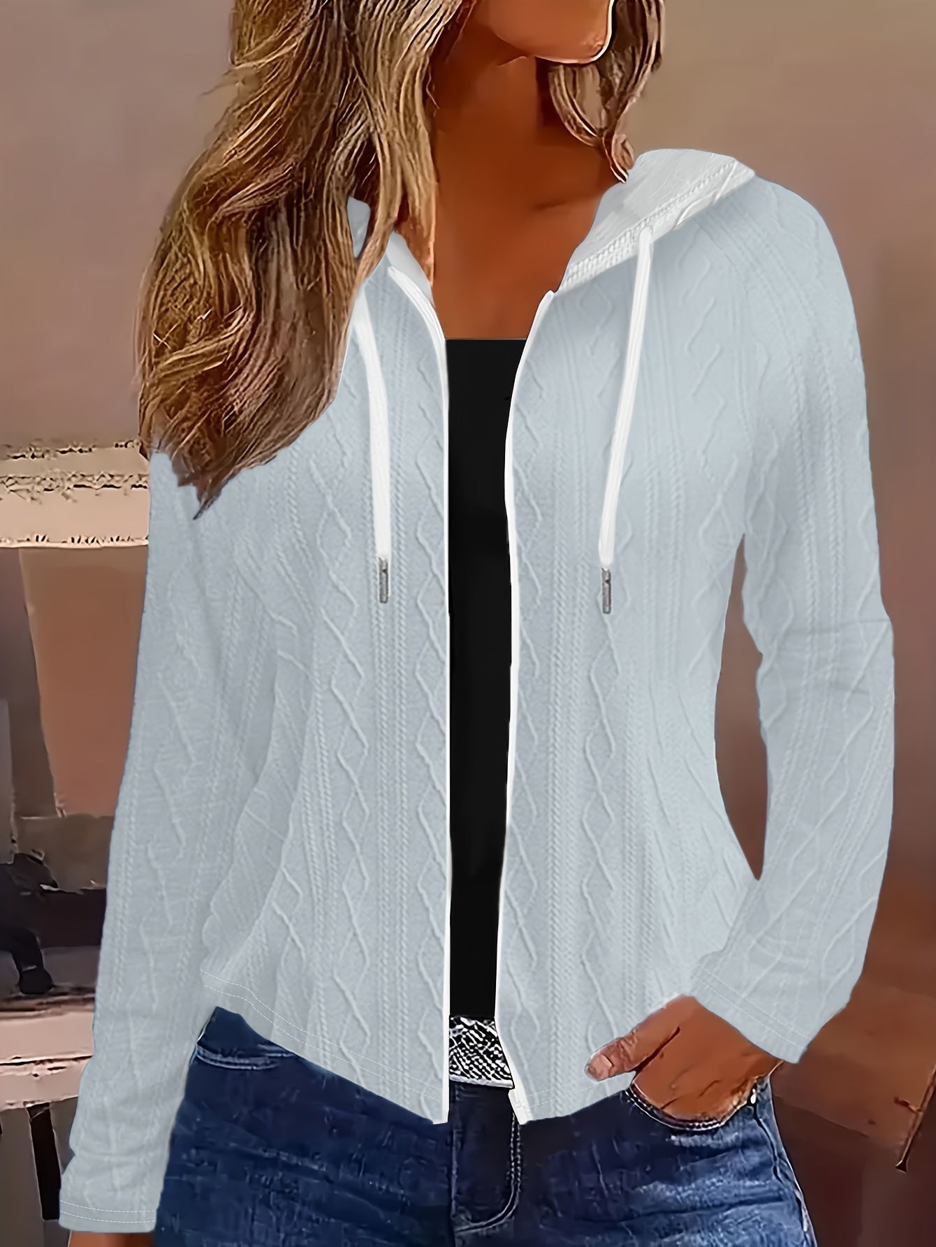 Cozy Cable Knit Sweater - Soft, Long Sleeve, Drawstring Hooded