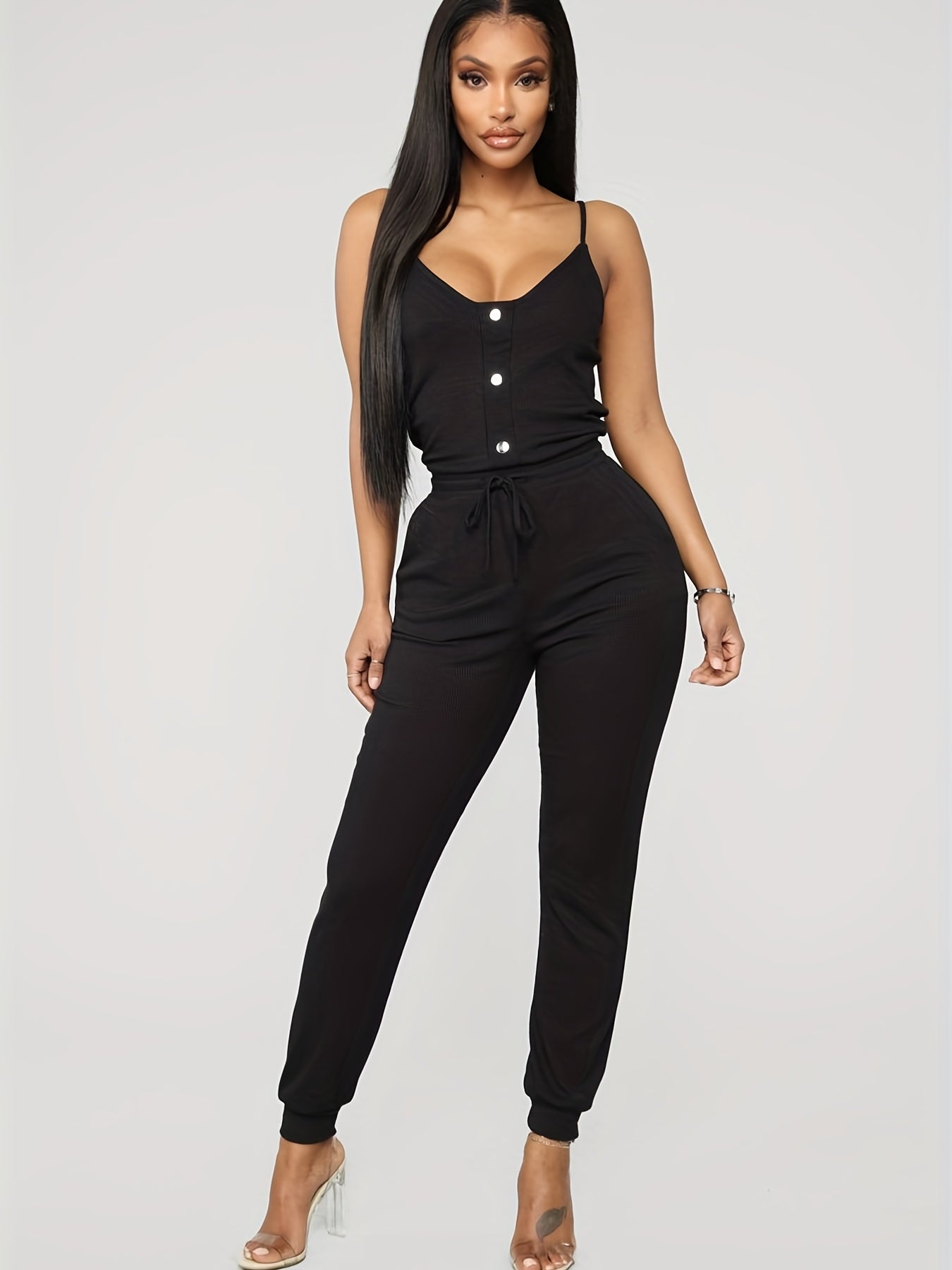 Sexy Long Length Sleeveless Drawstring Spaghetti Jumpsuit - Button Front, Solid Color, Comfortable and Relaxed Fit - Womens Fashion Clothing for Summer and Casual Occasions