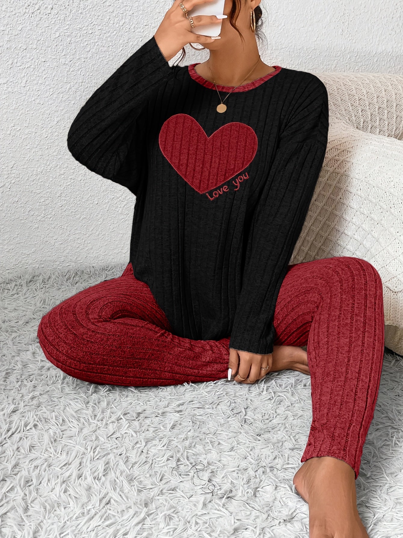 Plus Size Heart Fitted Long Sleeve And Long Pants Loungewear Set
