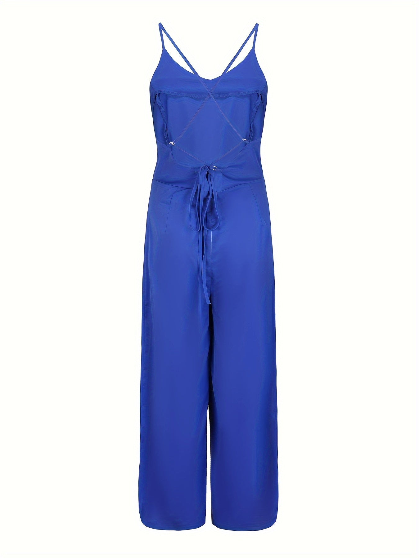 Cross Tie Back V-neck Jumpsuit, Sexy Solid Backless Jumpsuit