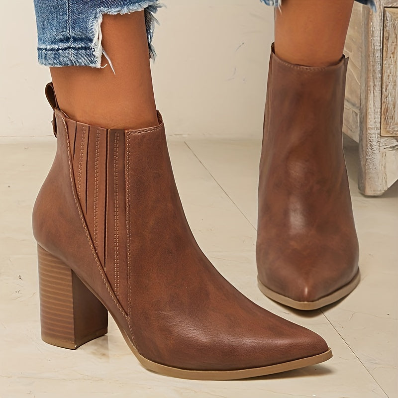 Botas de moda de color sólido para mujer, botines casuales sin cordones con tacón grueso, botas Chelsea con punta en punta