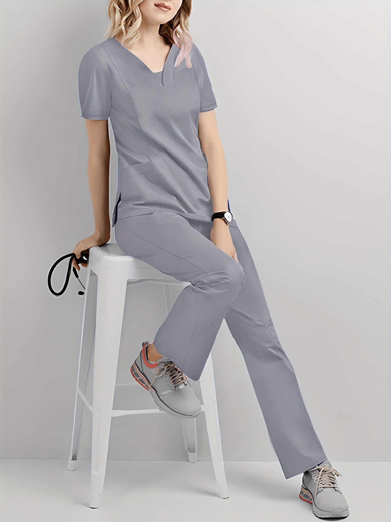 Conjunto médico de dos piezas con cuello en V, manga corta y pantalones elásticos, cómodo y de ajuste cómodo para mujeres | Uniformes médicos duraderos y de fácil cuidado para profesionales de la salud