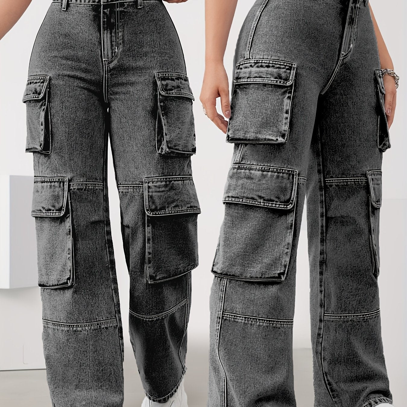 Pantalones vaqueros cargo de cintura alta para mujer, denim de gran tamaño con múltiples bolsillos, mezcla de rayón y viscosa elástica