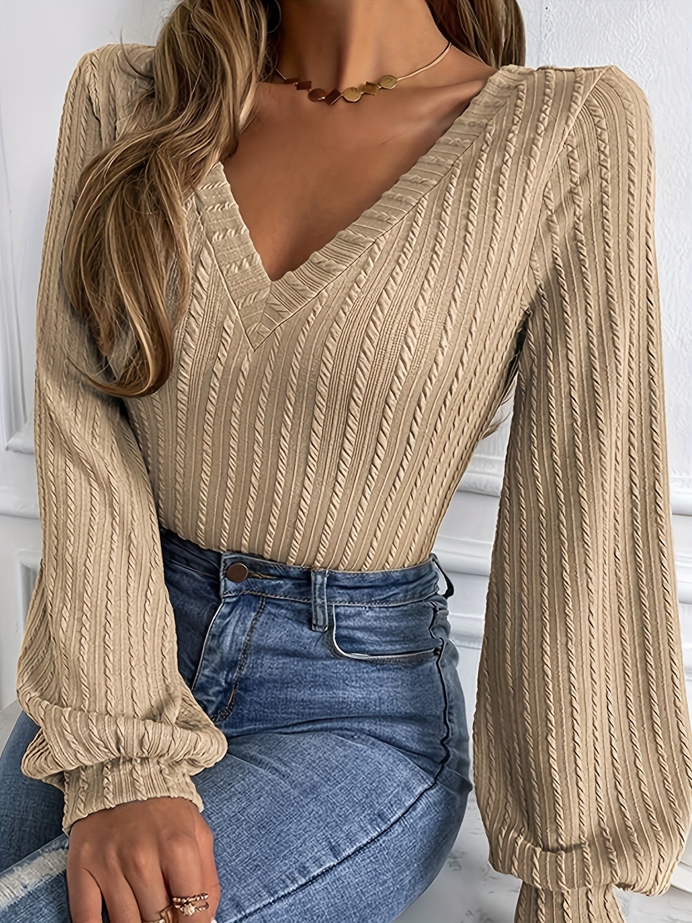 Ribbed Solid Slim T-shirt, Casual V Neck Long Sleeve T-shirt, Women's Clothing