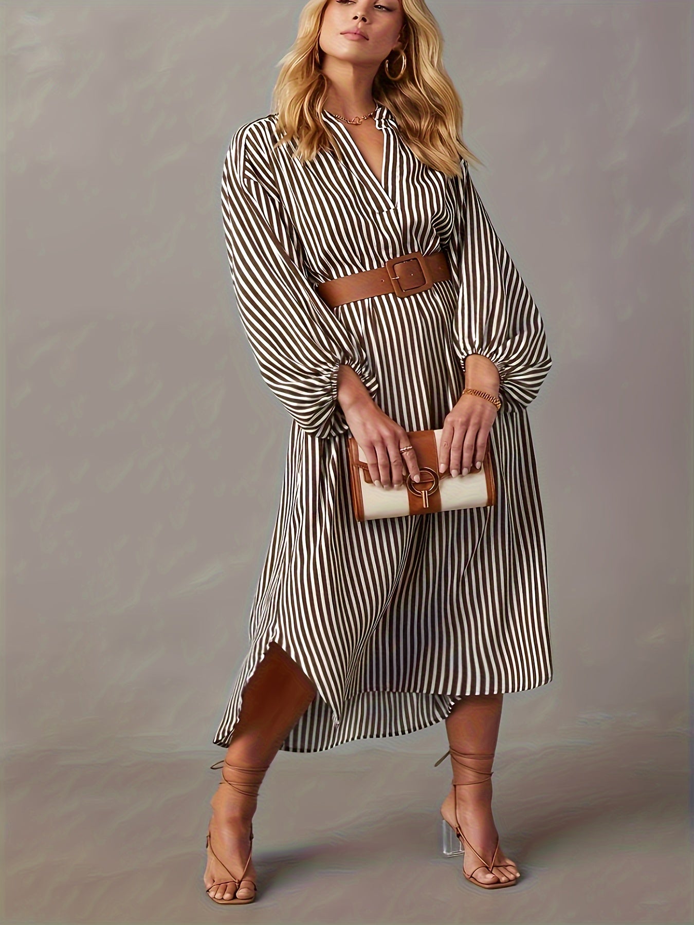 Plus Size Elegant Fitted Midi Dress - V-Neck Stripe Print Lantern Sleeve Linen Dress for Spring and Fall - Non-Stretch Woven Fabric with Random Printing