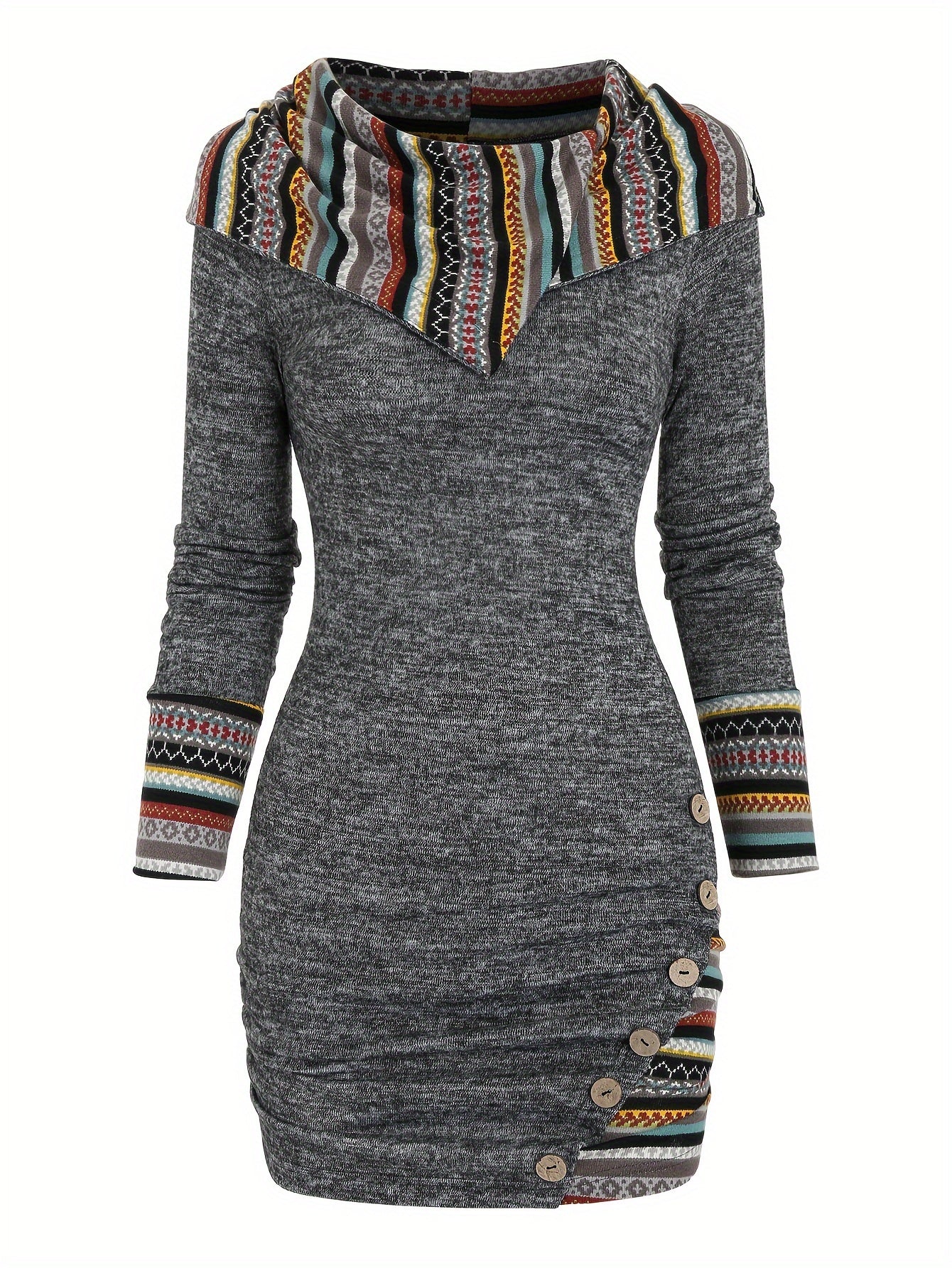 Cozy & Trendy Hooded Tribal Bodycon Dress - Stylish Button Details, Perfect for Spring & Fall, Durable & Easy-Care