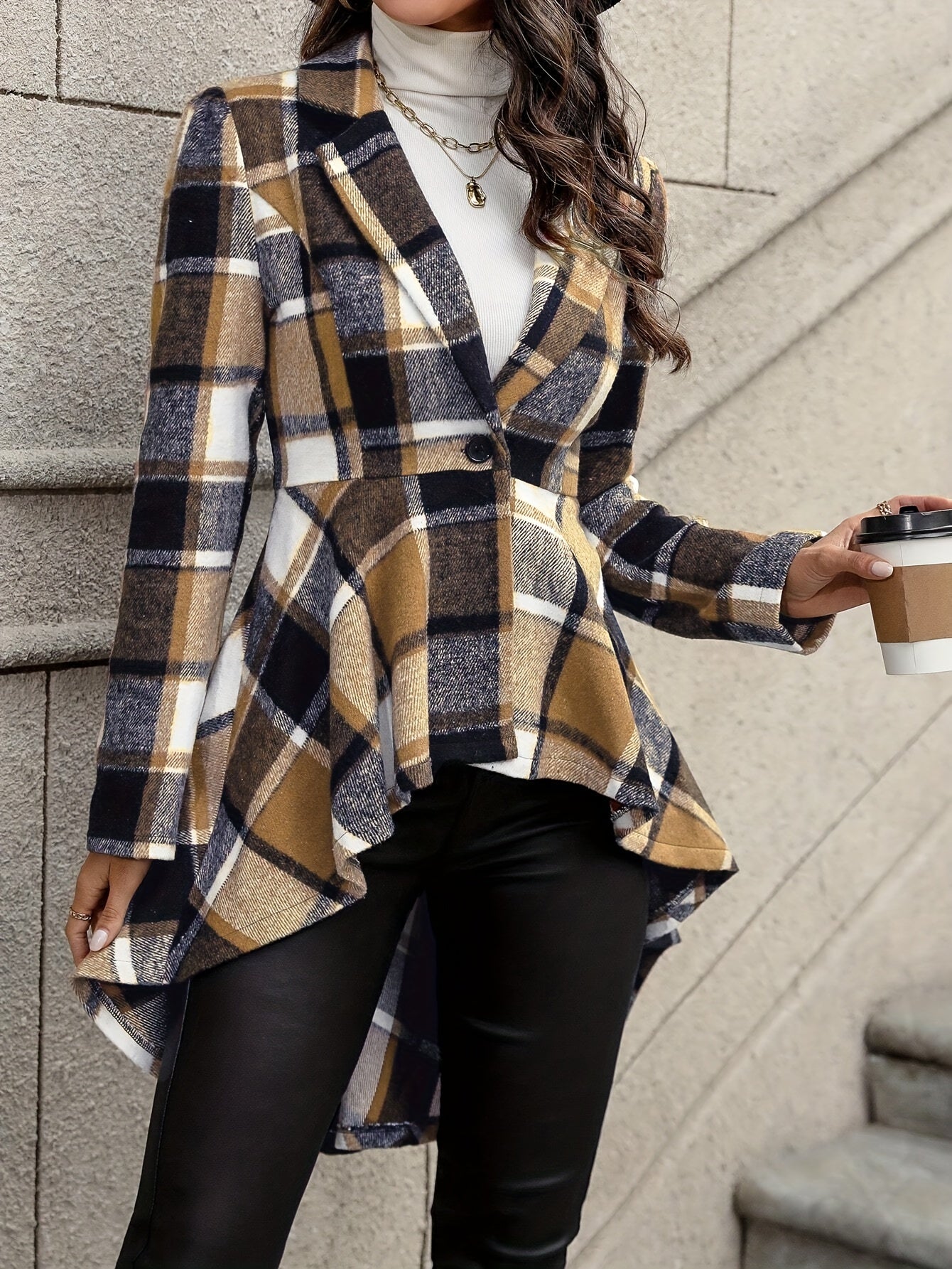 Stylish Plaid Flare Jacket - Elegant Long Sleeve High-Low Hem, Button Front, Fall & Winter Essential, Women's Fashion Clothing for Chic Style