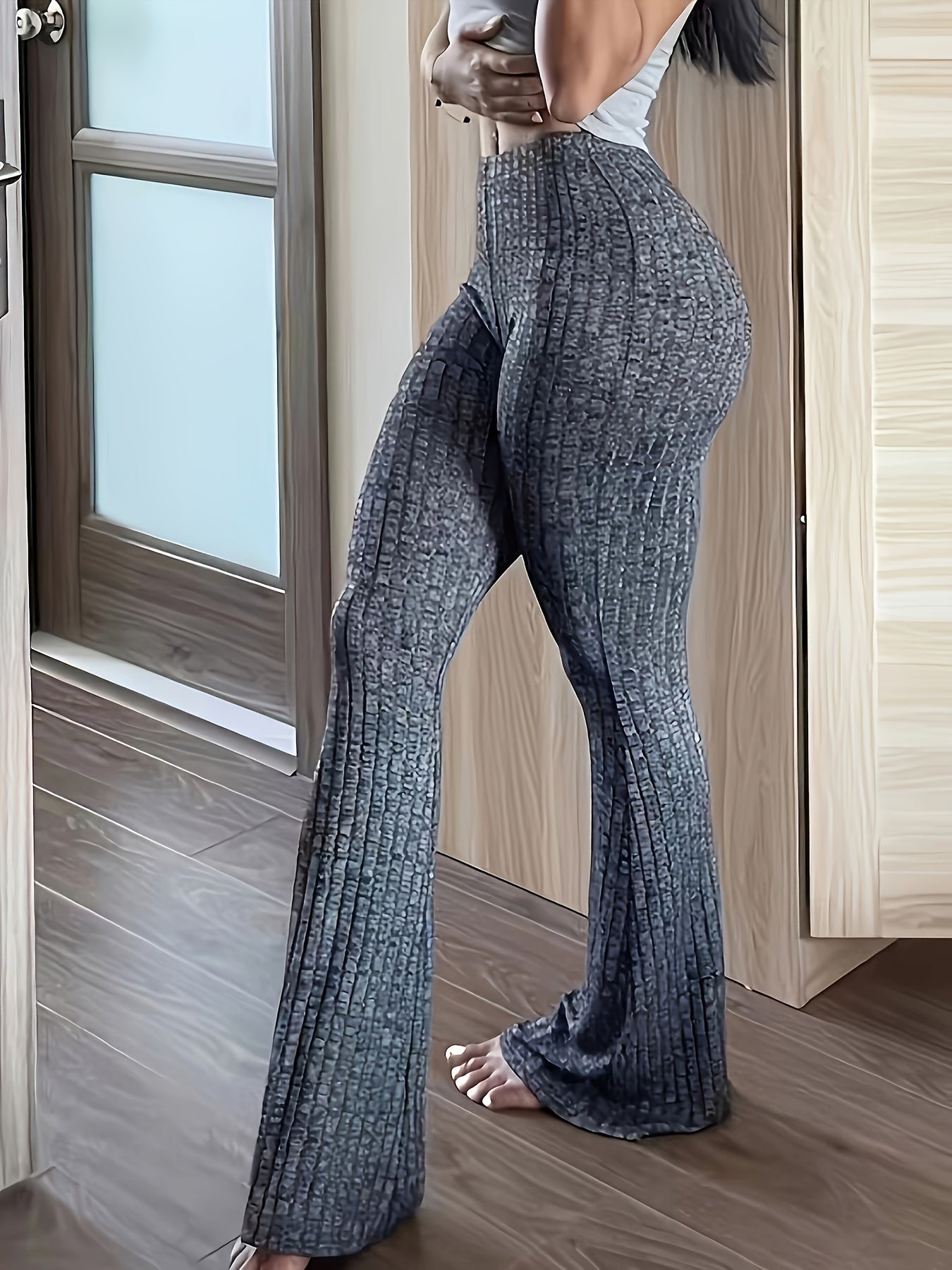 Women's High-Waisted Ribbed Flare Leg Pants - LuxyXO