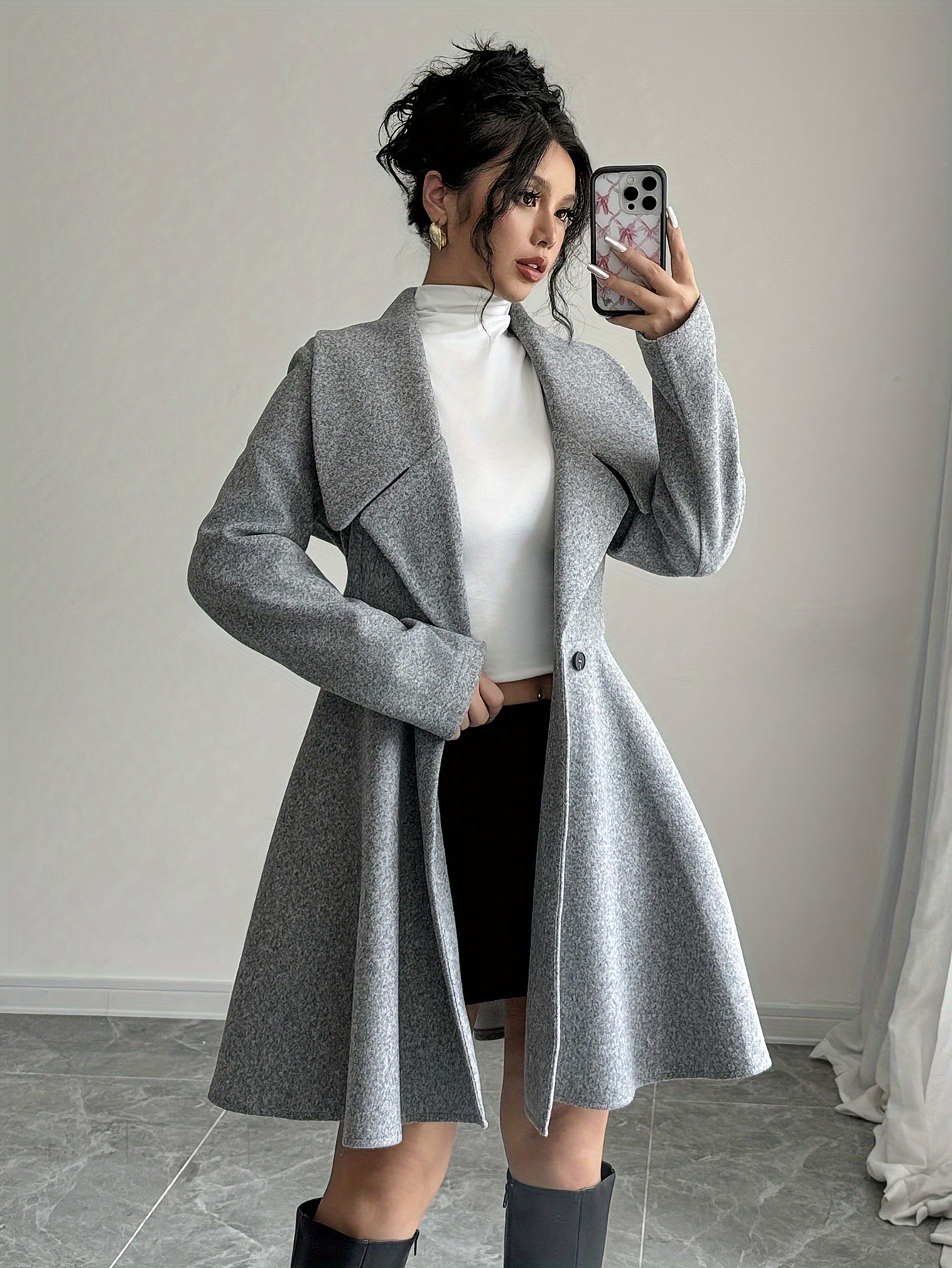1 abrigo elegante de mujer de color liso con cuello alto, manga larga y doble botonadura, tejido de poliéster para otoño/invierno con detalle de botones