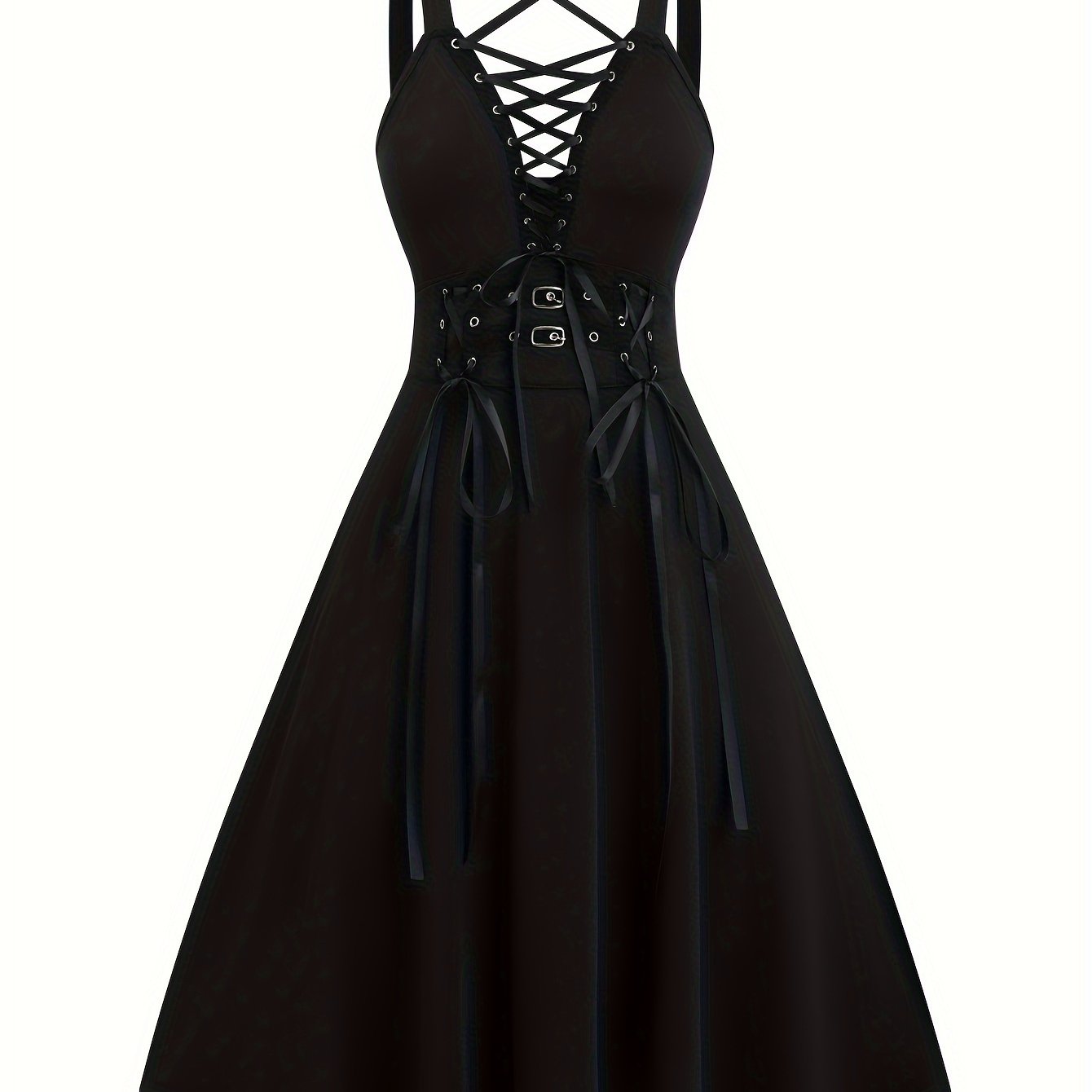 Elegante vestido de talla grande de inspiración gótica con detalle de cordones, escote en V profundo y diseño en forma de A con cintura alta: perfecto para primavera/verano