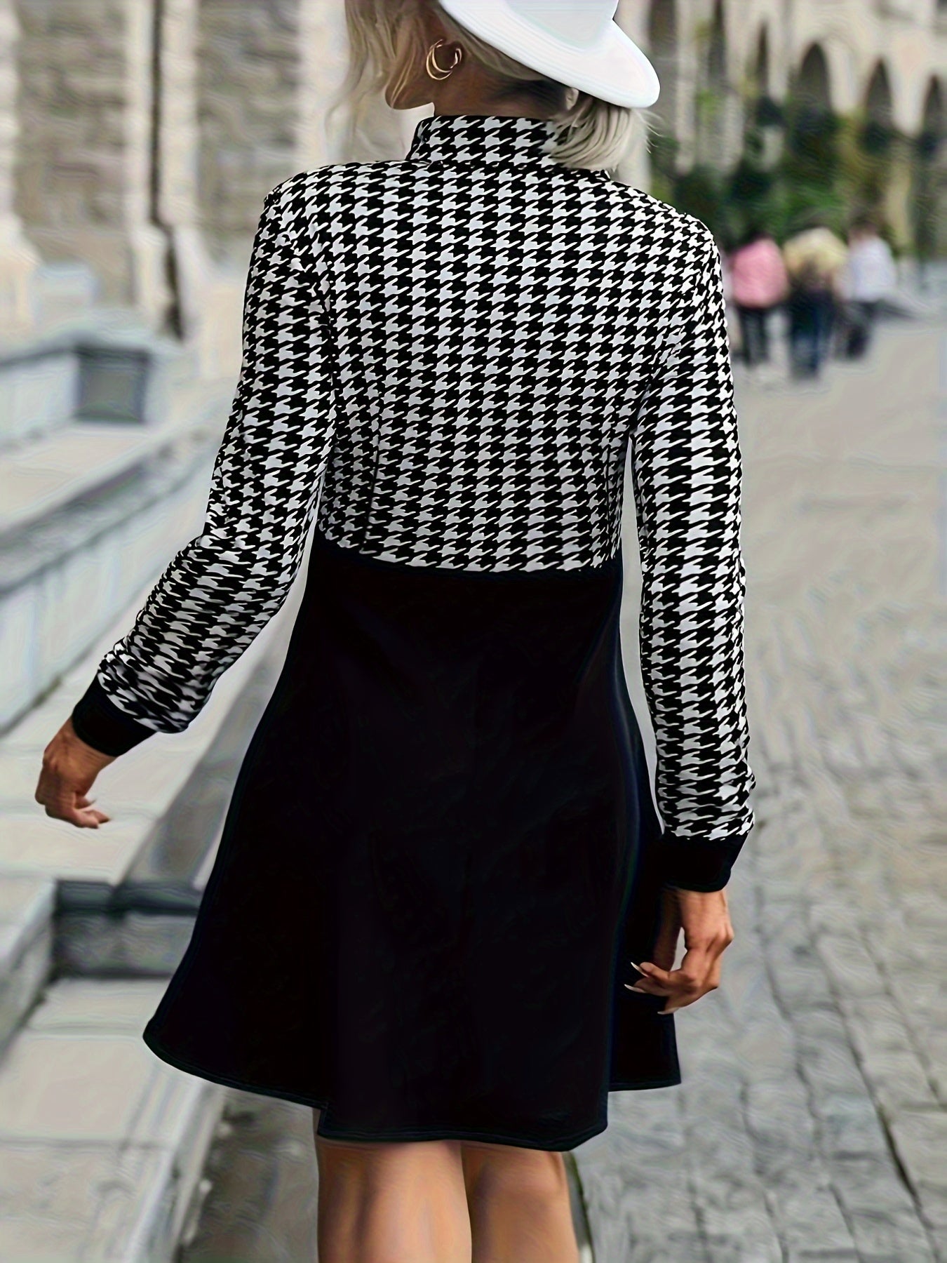 Plus Size Houndstooth Print Splicing Dress, Casual Zip Front Long Sleeve Dress, Women's Plus Size Clothing