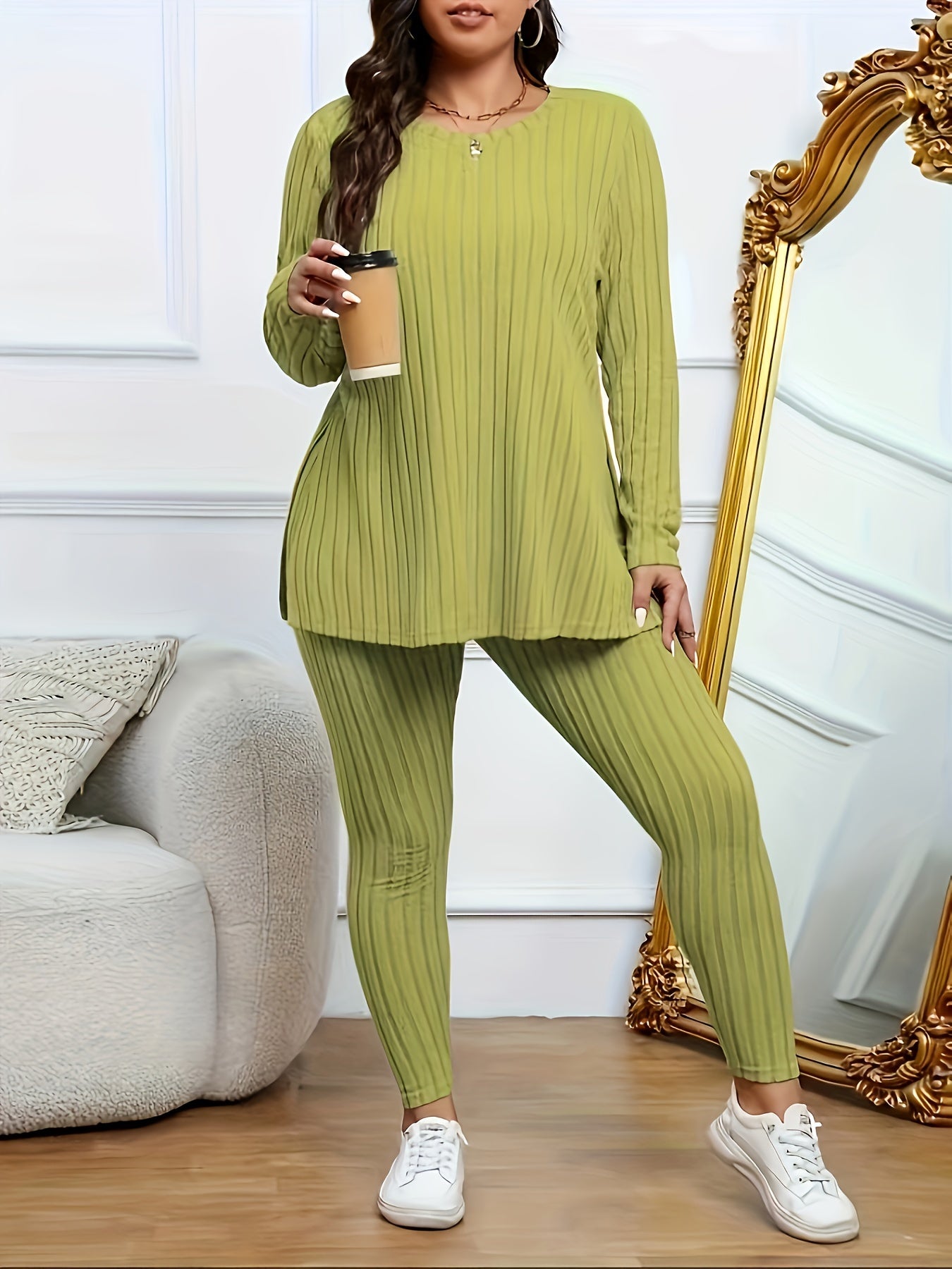 Plus Size Solid Ribbed Two-Piece Set - Soft Crew Neck Long Sleeve Split Top & Comfortable Pants Outfit