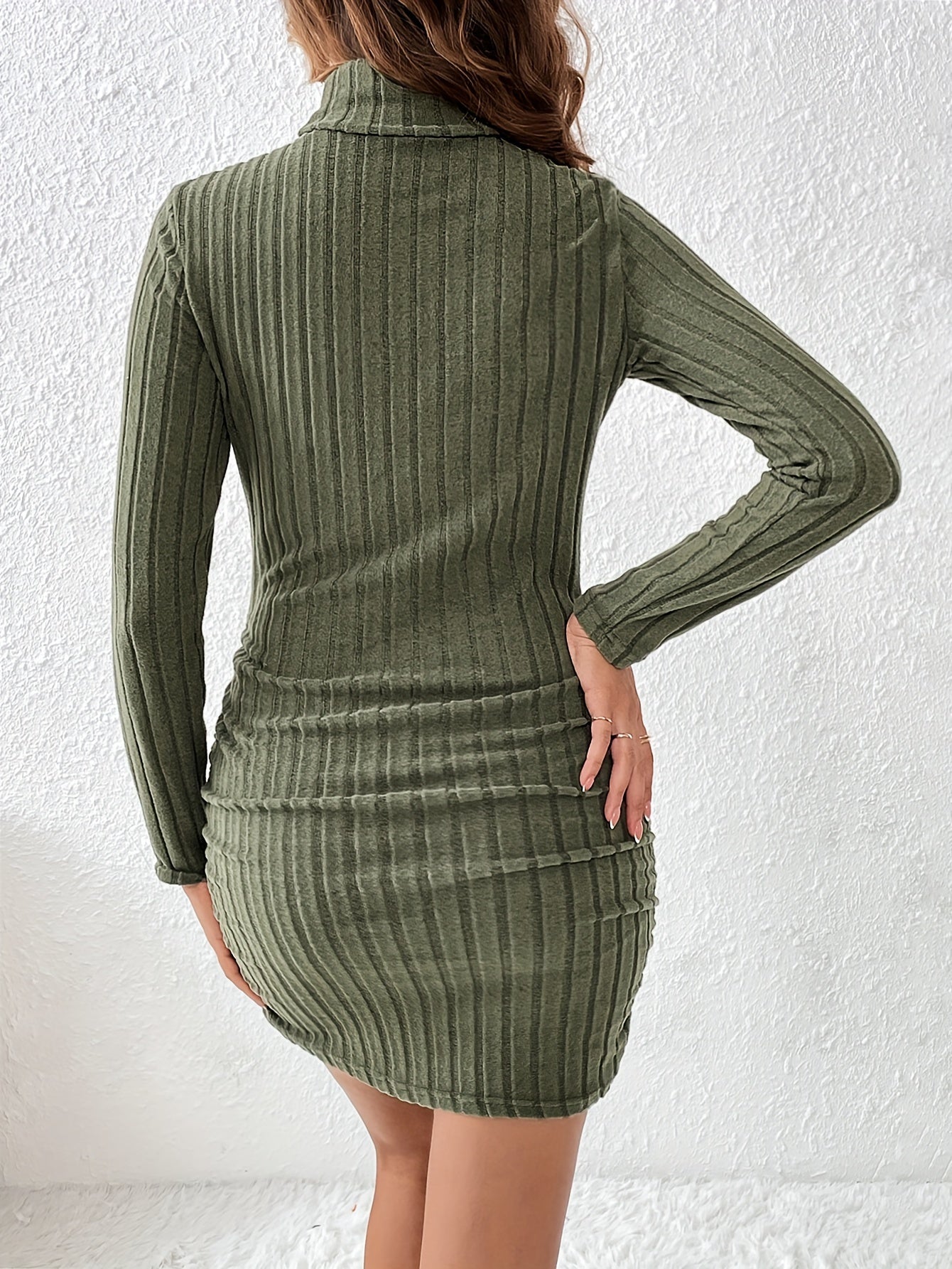 Ribbed Turtleneck Dress, Casual Long Sleeve Ruched Bodycon Dress For Spring & Fall, Women's Clothing