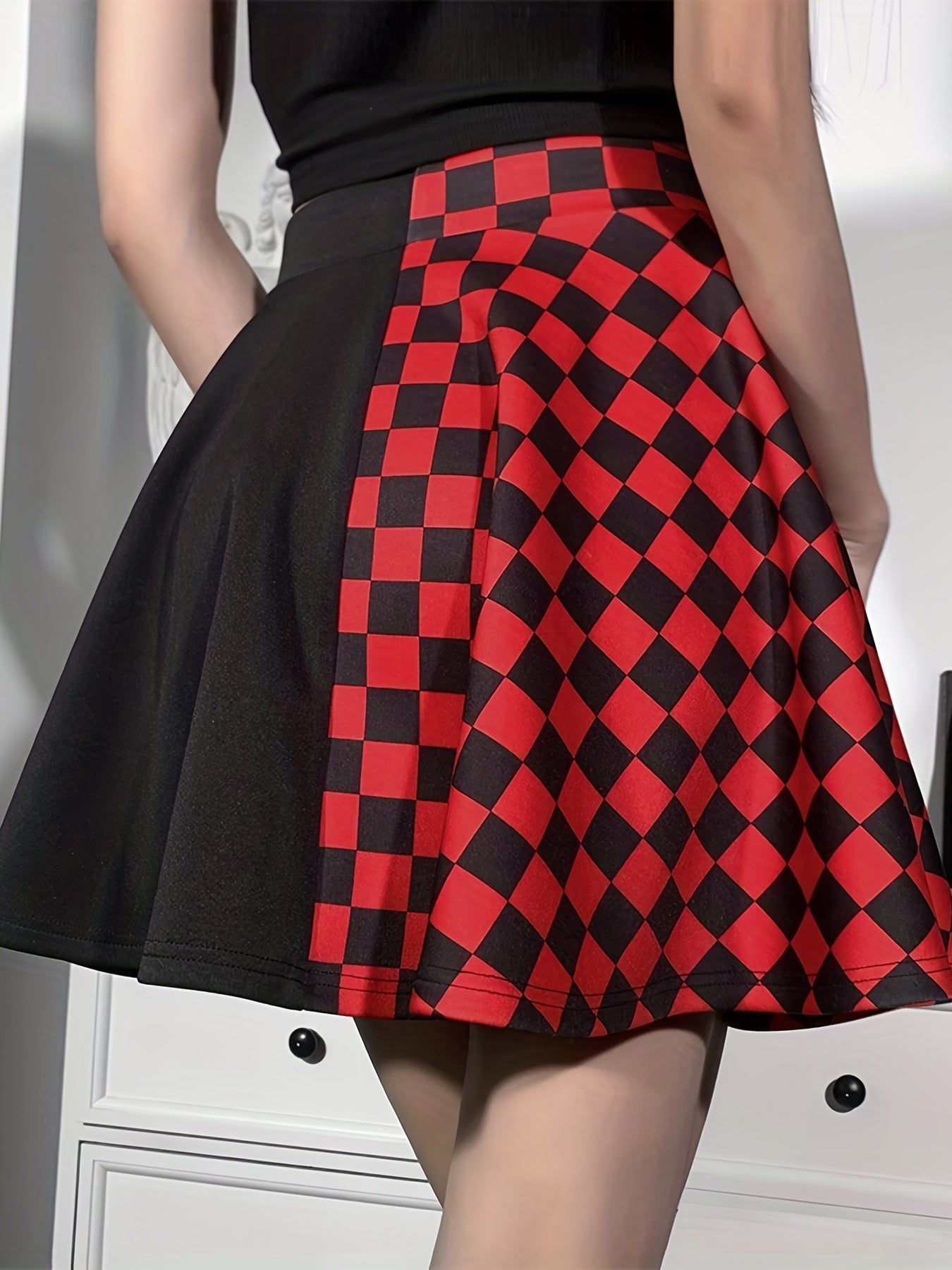 Chessboard Print Splicing Skirt, Gothic Ruched Punk Mini Skirt Without Belt, Women's Clothing