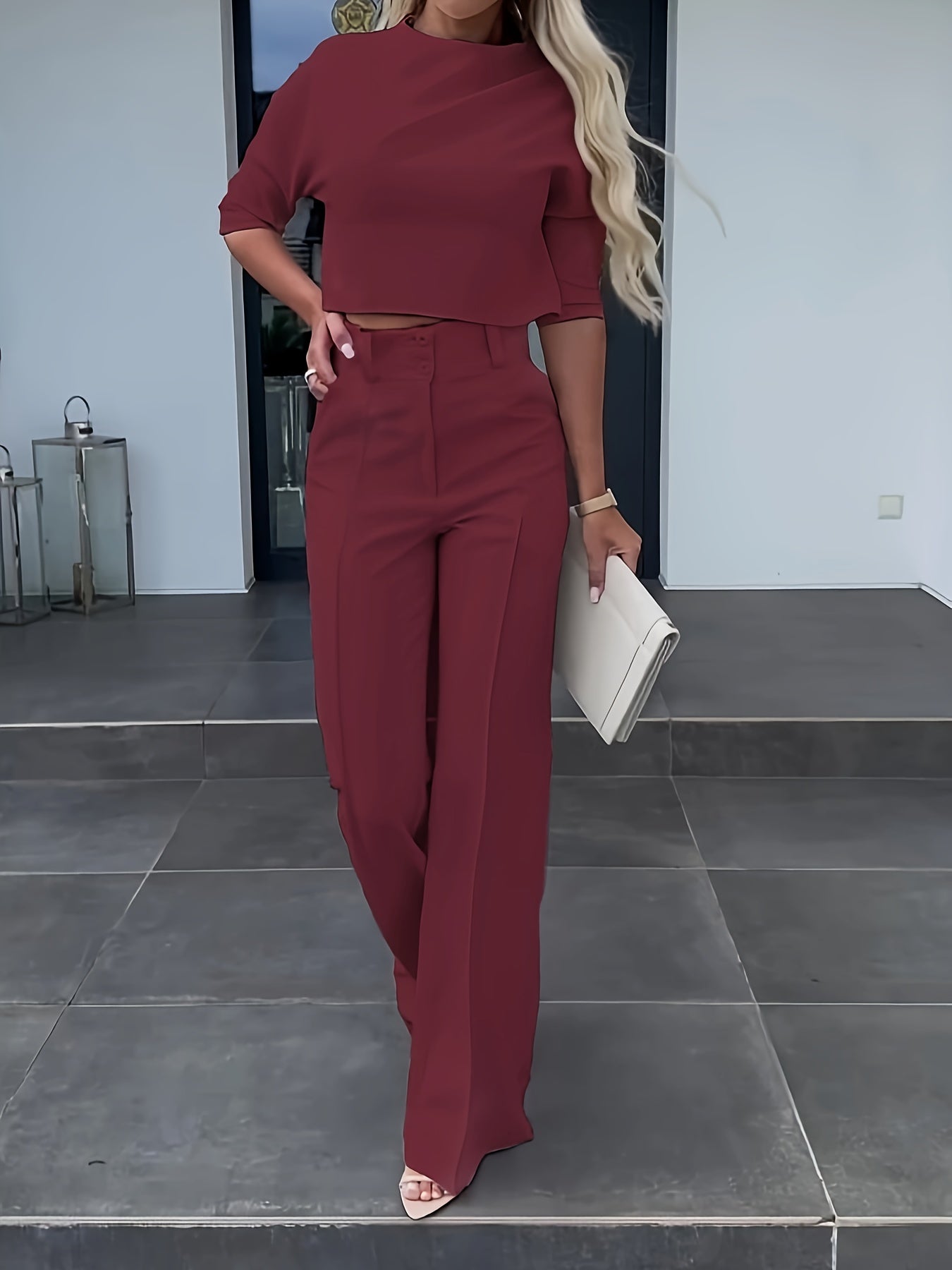 Two-Piece Solid Color Jacket and High Waist Straight Pants Set