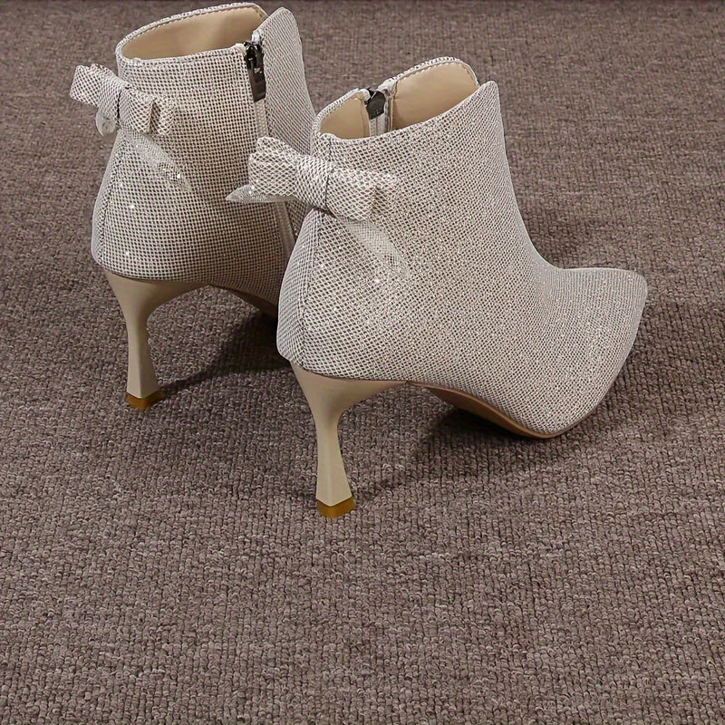 Chic Glitter Stiletto Boots for Women - Elegant Bowknot, Pointed Toe, All-Season Zip-Up Dress Boot