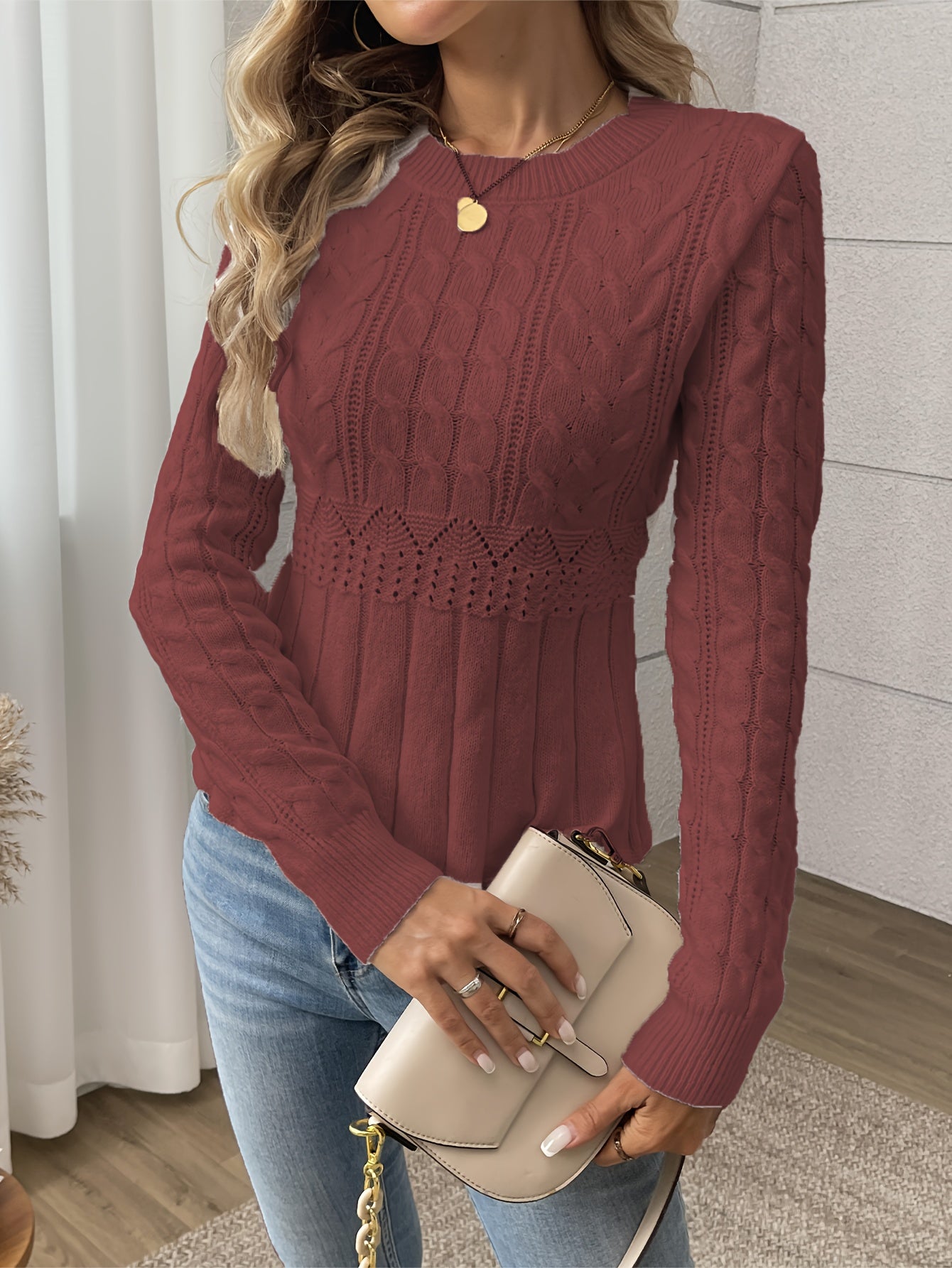 Solid Pointelle Waist Cable Knit Sweater, Elegant Long Sleeve Crew Neck Cozy Knitted Sweater, Women's Clothing