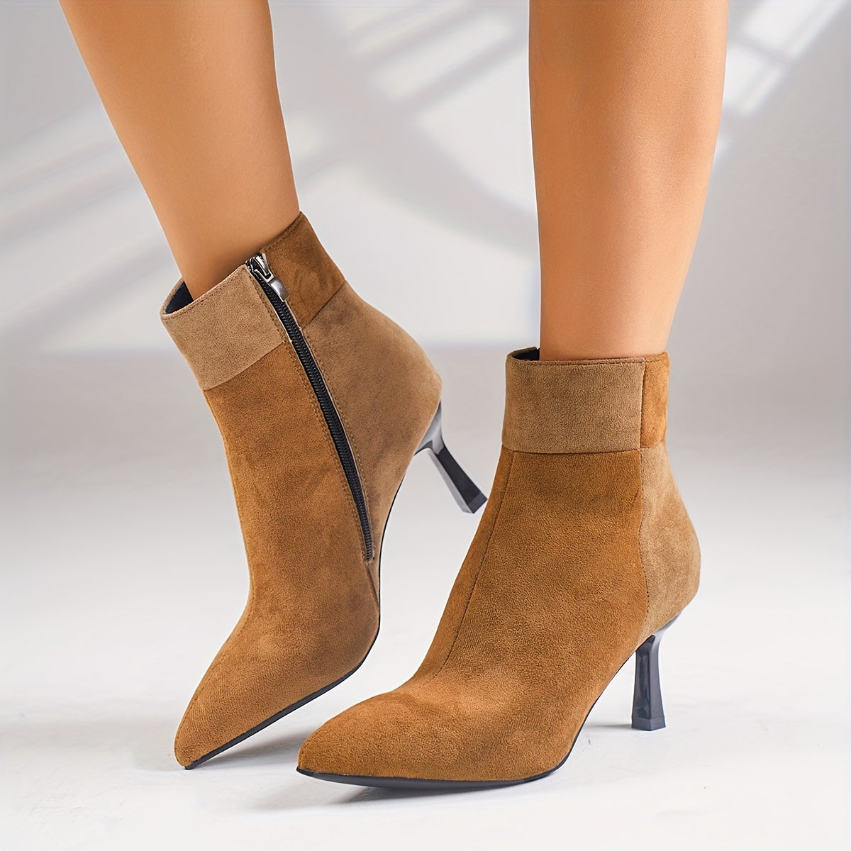 Stylish Patchwork Stiletto Boots for Women - Side Zipper, Pull-On Design, Pointed Toe, Banquet-Ready, Elegant Heel, Comfortable Fit
