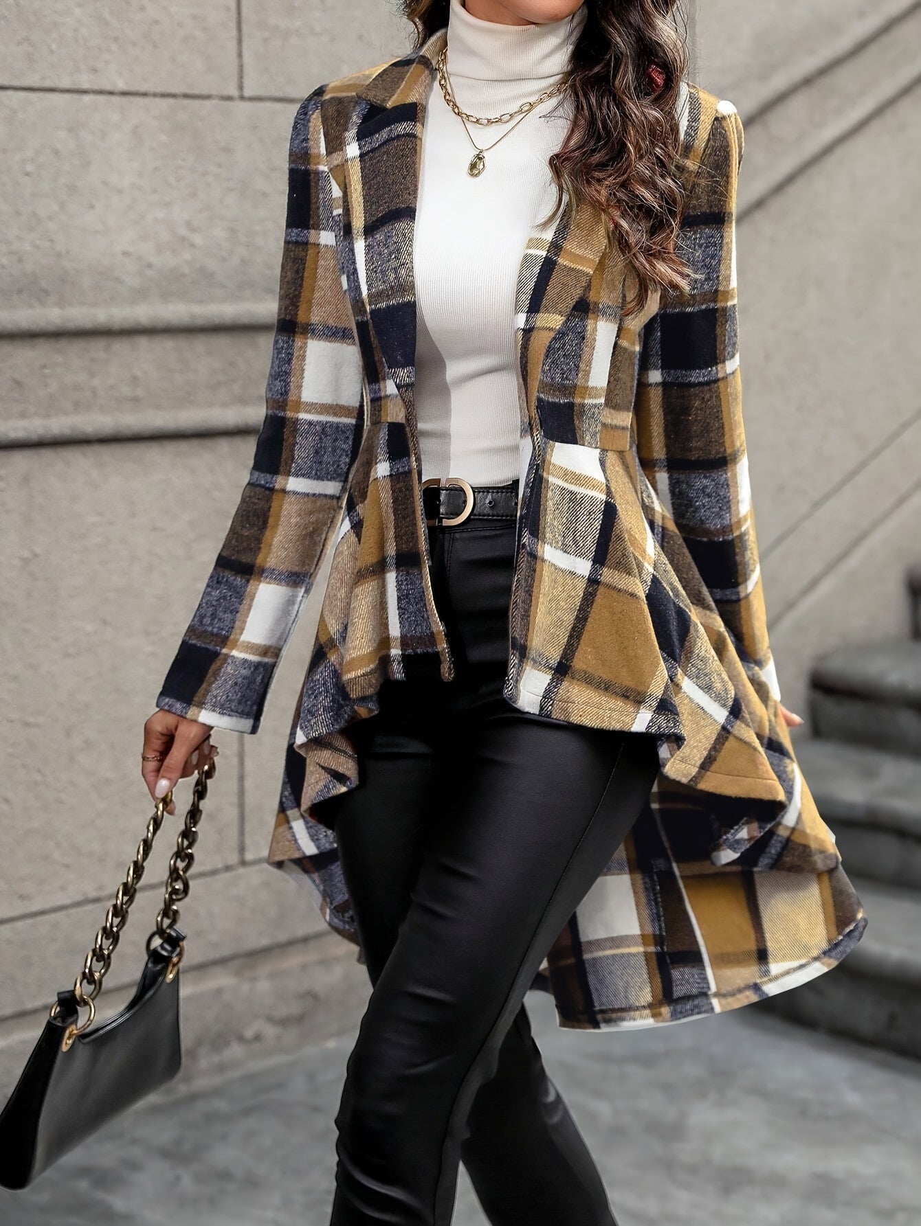 Stylish Plaid Flare Jacket - Elegant Long Sleeve High-Low Hem, Button Front, Fall & Winter Essential, Women's Fashion Clothing for Chic Style