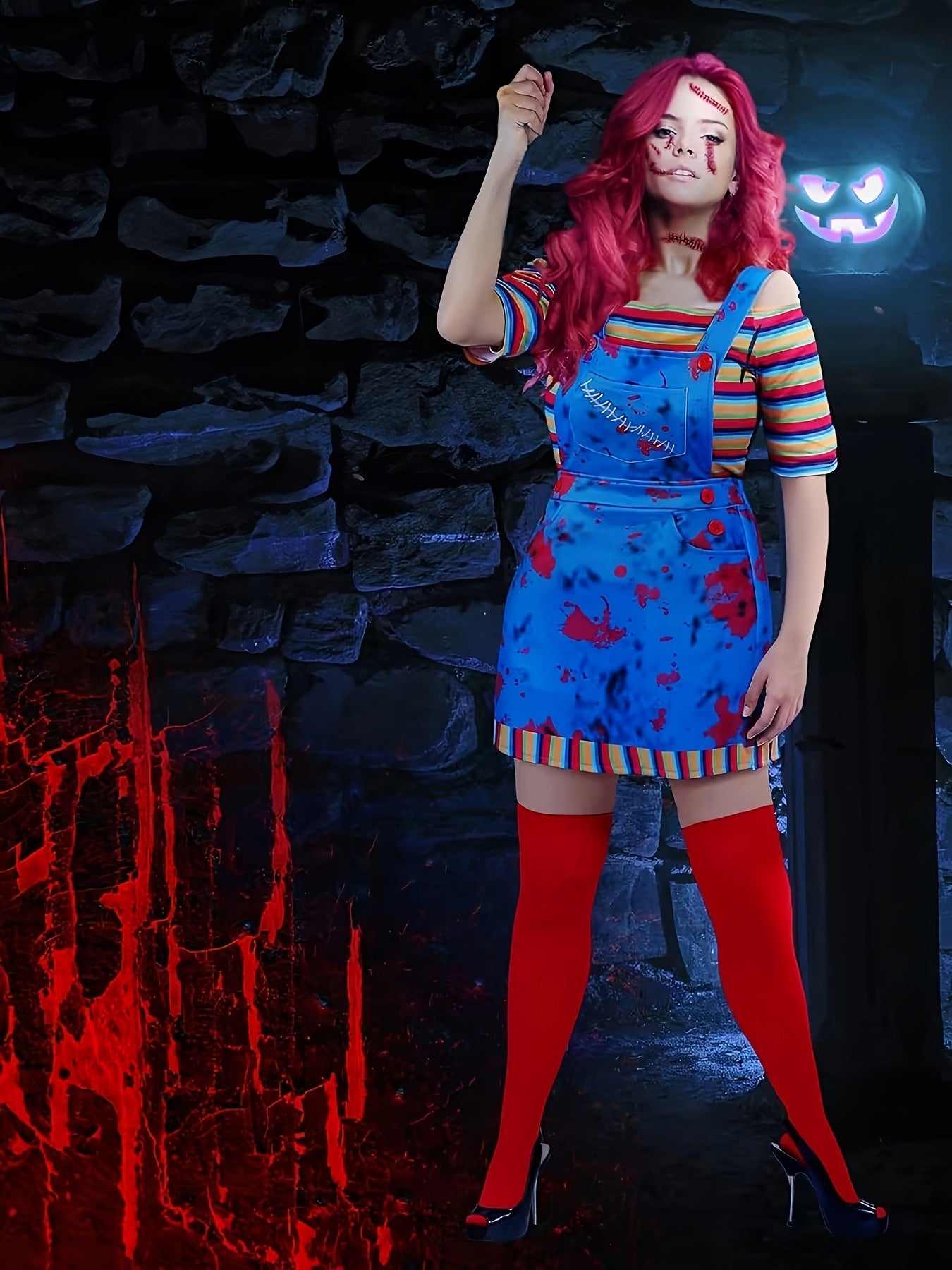Conjunto de cosplay de Halloween de 2 piezas: camiseta de rayas de manga corta,