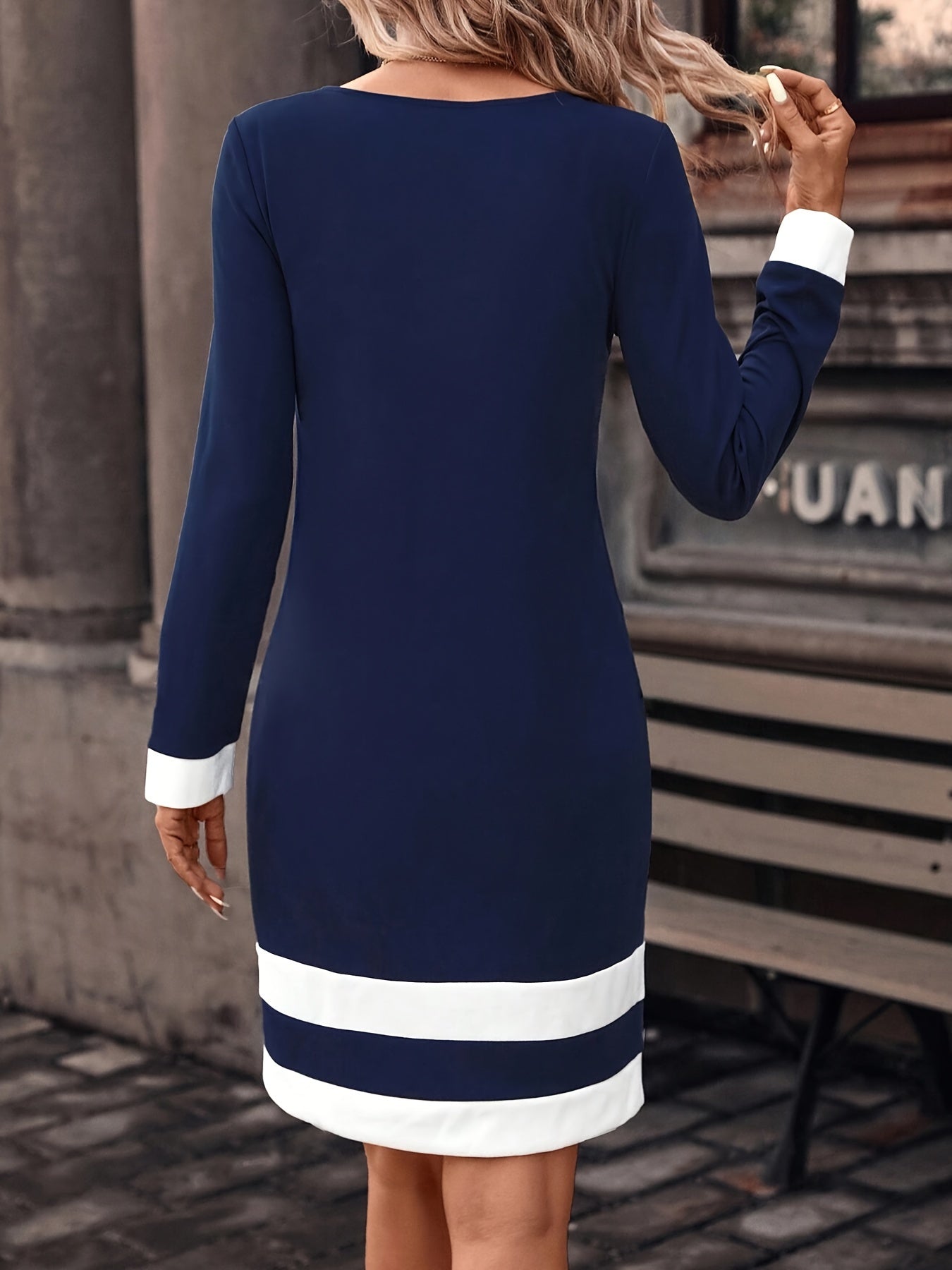 Vestido ajustado de cuello redondo y manga larga a rayas: corte elegante y ajustado, tejido de poliéster microelástico, lavable a máquina, patrón de patchwork, estilo personalizado para mujer, perfecto para las estaciones de primavera y otoño
