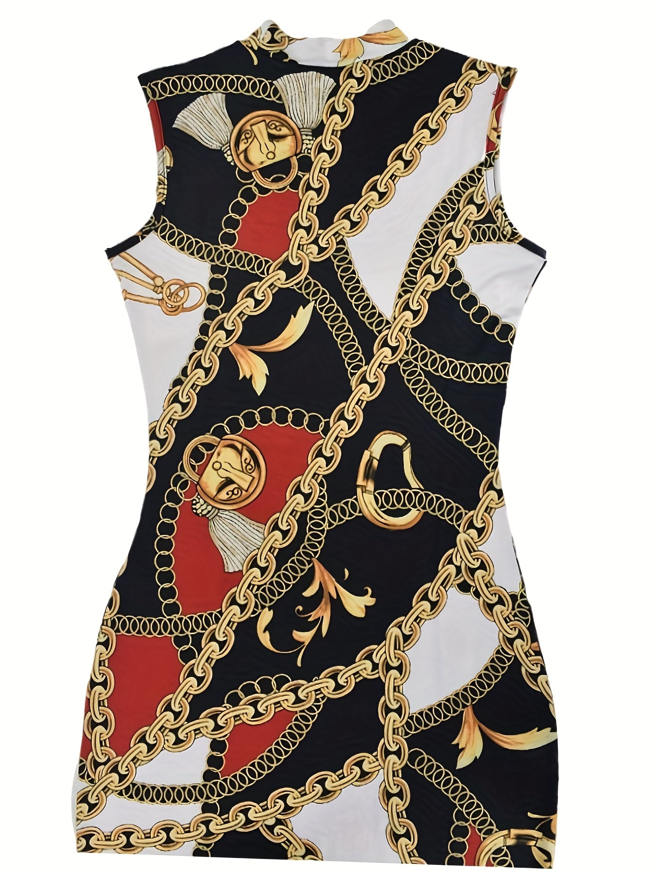 Chain Print Casual Midi Bodycon Dress - Crew Neck, Sleeveless, Easy-Care, All-Season Comfort with Stretch