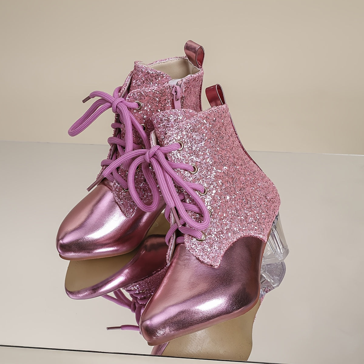 Botines con parches de lentejuelas para mujer, punta puntiaguda moderna, cierre de cremallera, tacón de bloque medio, forro de tela