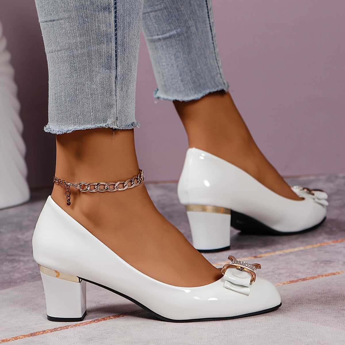 Elegantes tacones gruesos con lazo: zapatos de tacón de piel sintética sin cordones con cómodos tacones de bloque y estilo versátil para el otoño