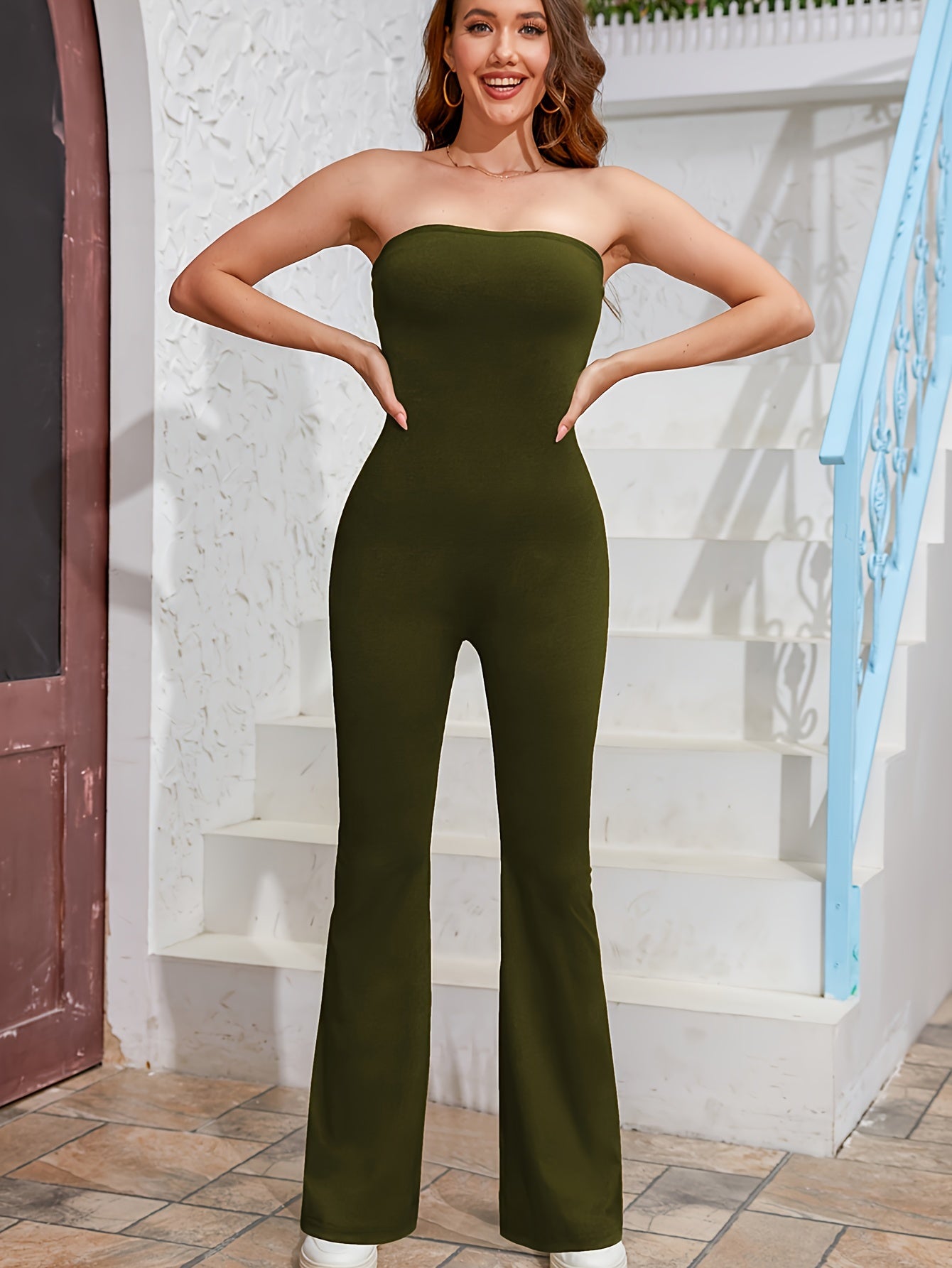 Mono elegante de tubo sin tirantes de color liso: estilo sin mangas informal para primavera y verano: ropa informal de moda para uso diario para mujer