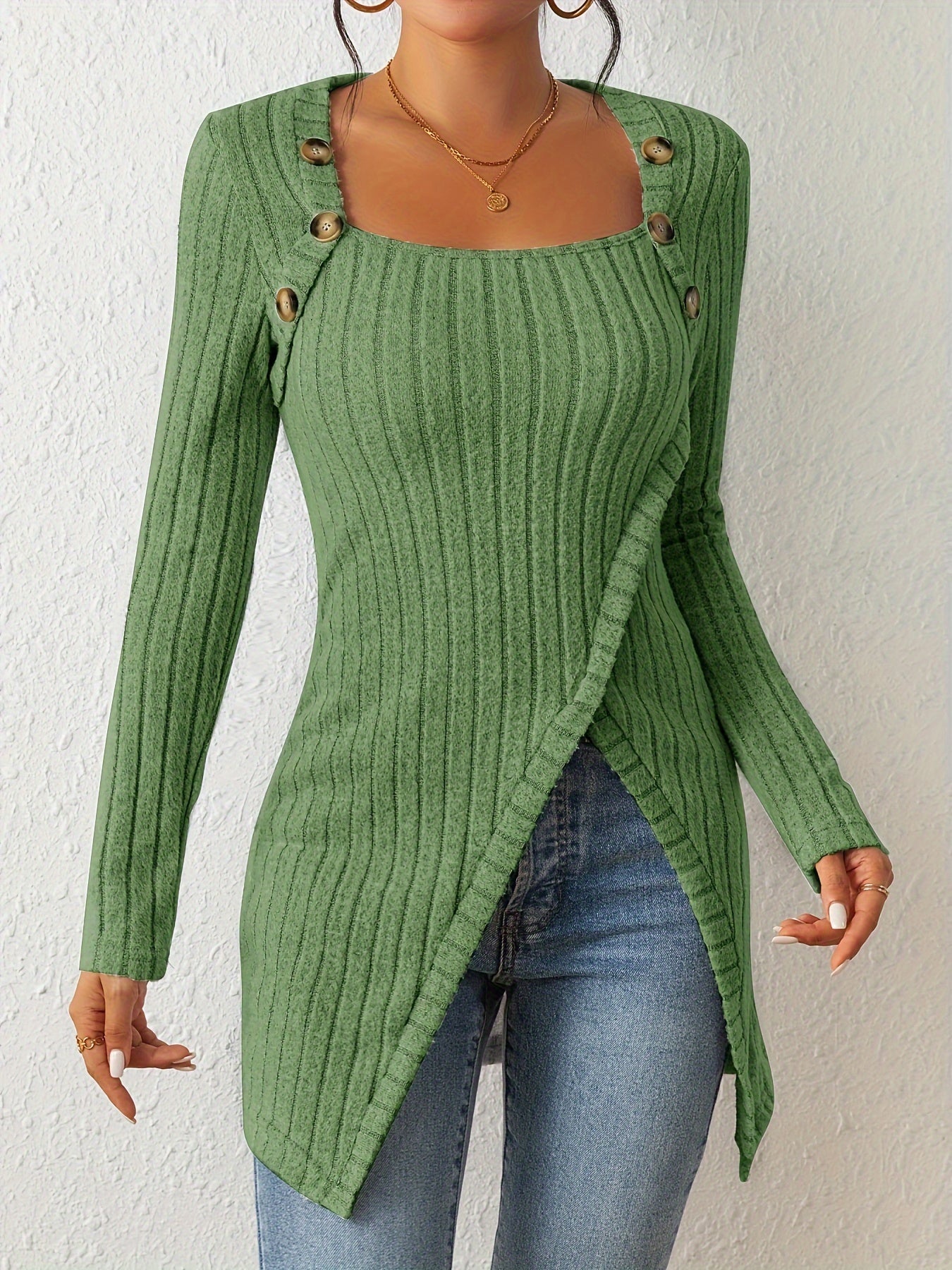 Chic Ribbed Long Sleeve Top with Unique Button Accent - Asymmetrical Hem - Perfect for Womens Spring & Fall Fashion