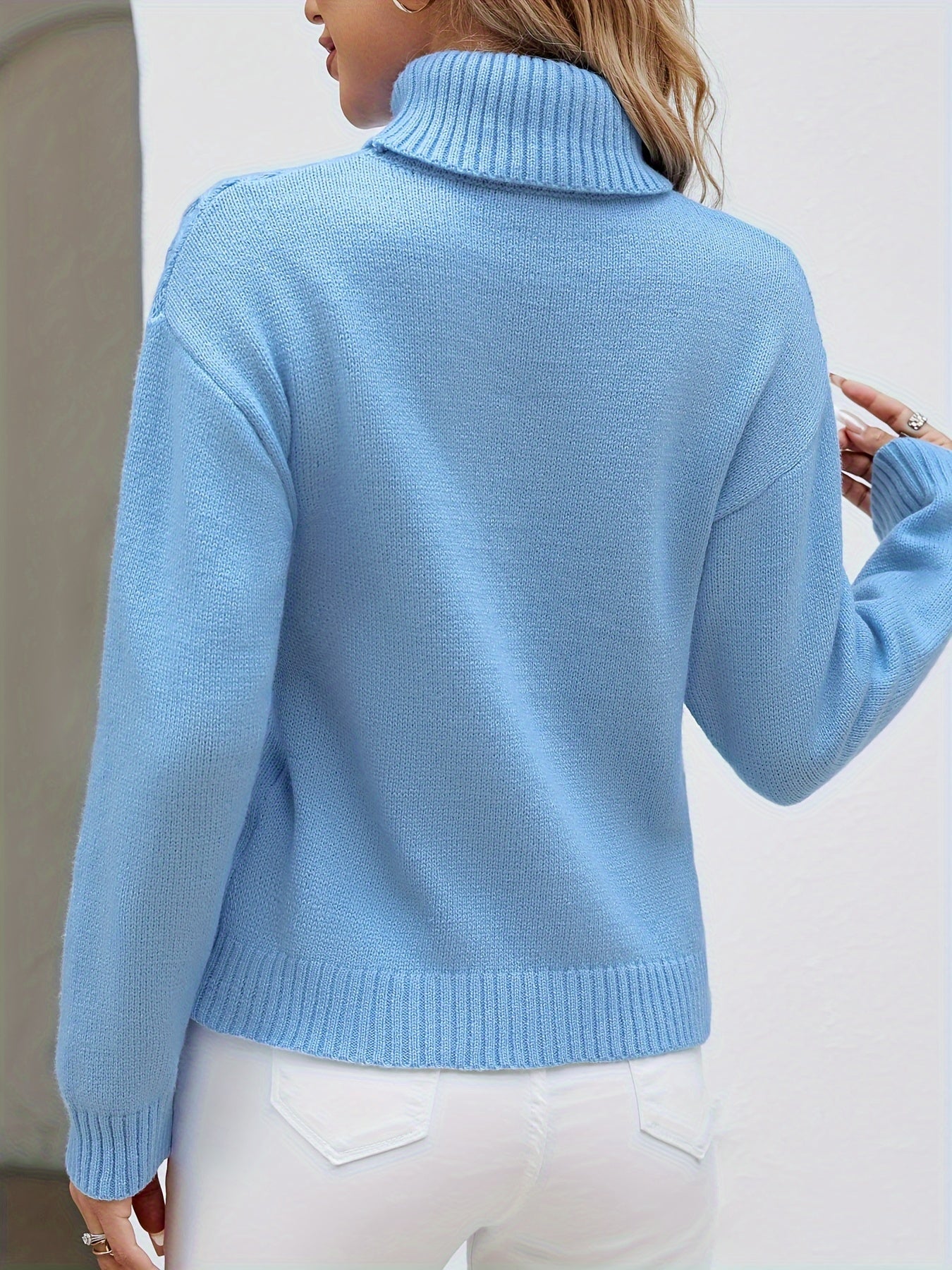 Suéter de manga larga de color sólido, suéter informal de cuello alto para invierno y otoño