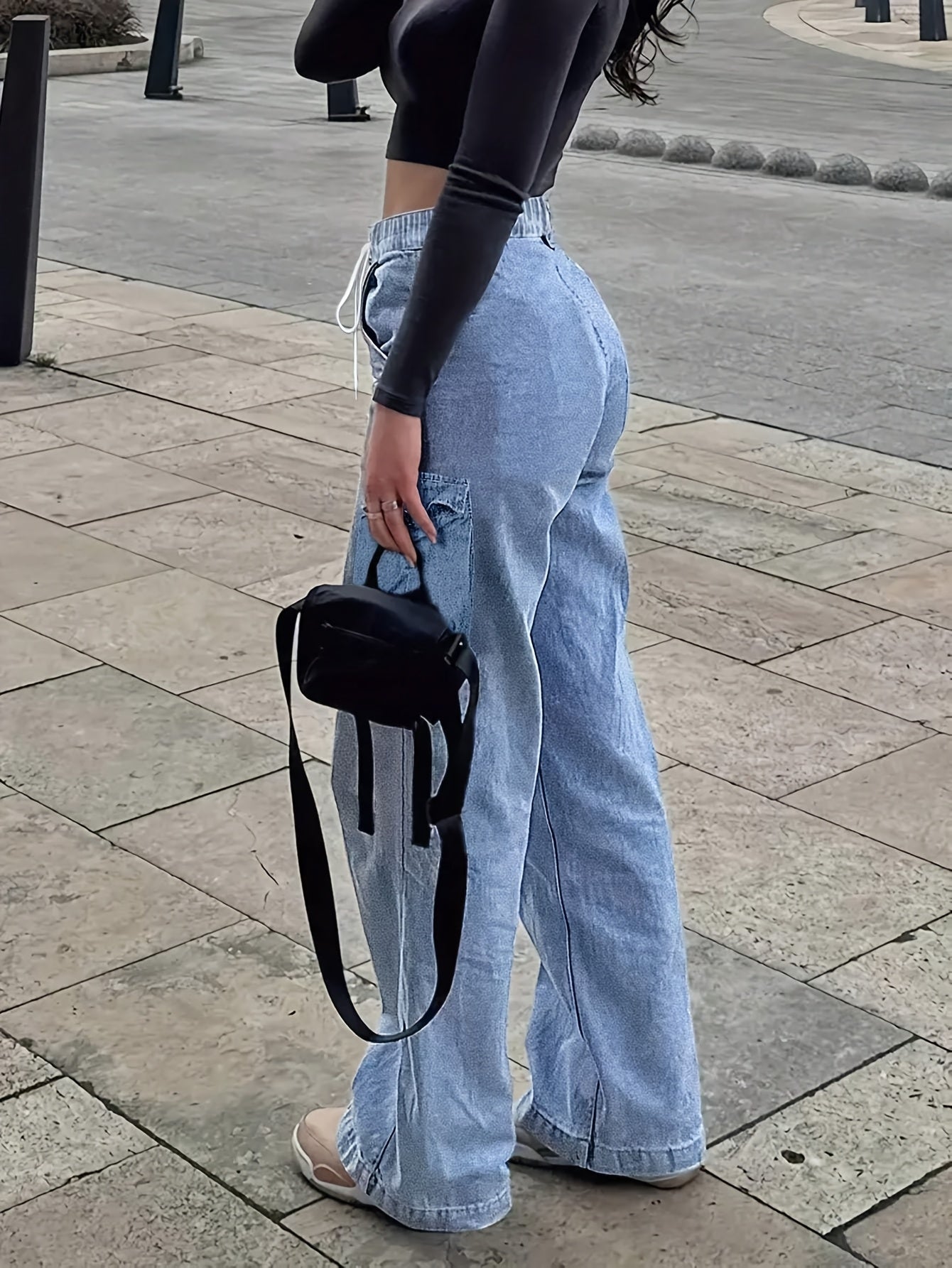 Waist Drawstring Women'S Loose Denim Straight Leg Pants, Mid Waistband Pocket, Comfortable And Versatile