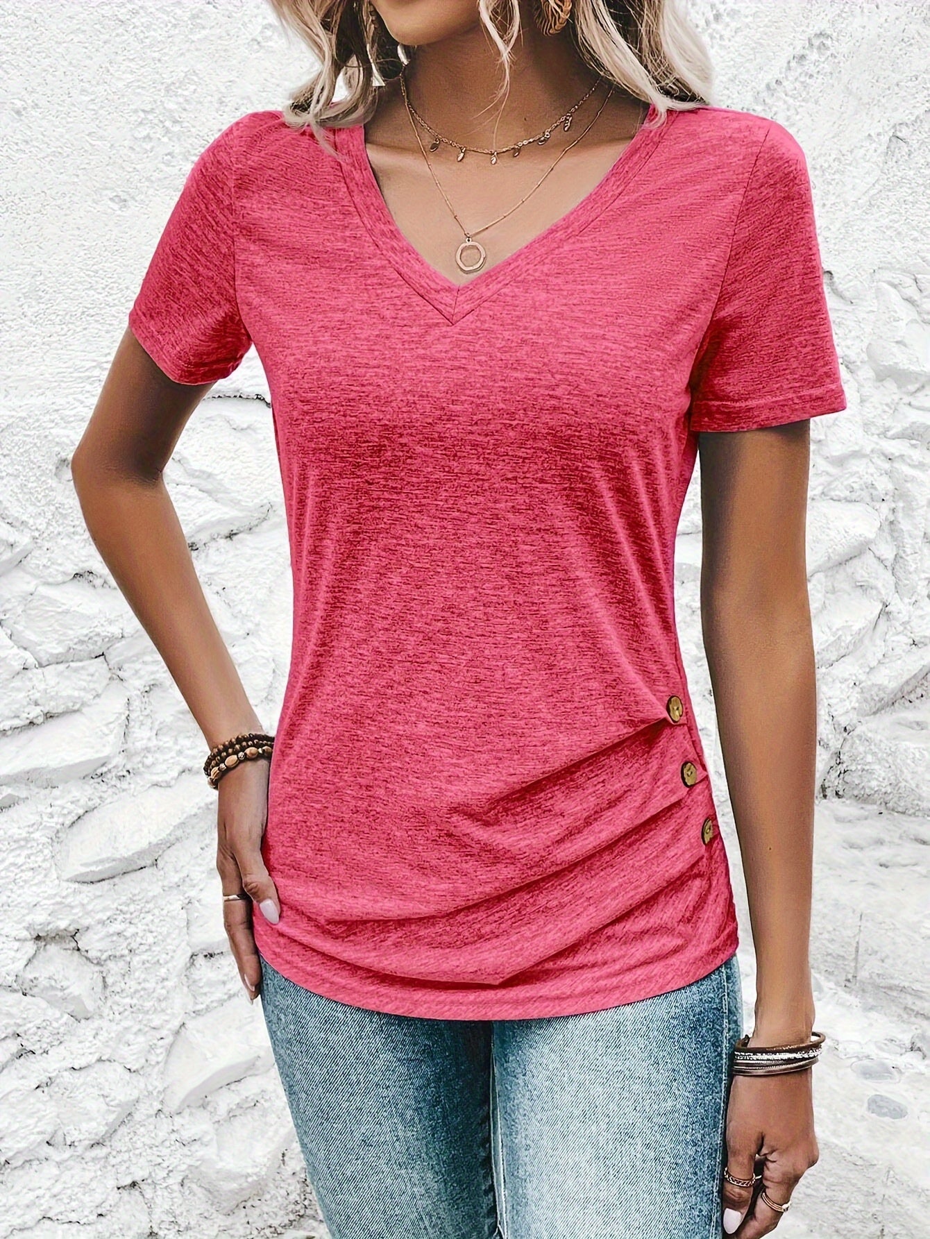 Chic Ruched V-Neck T-Shirt