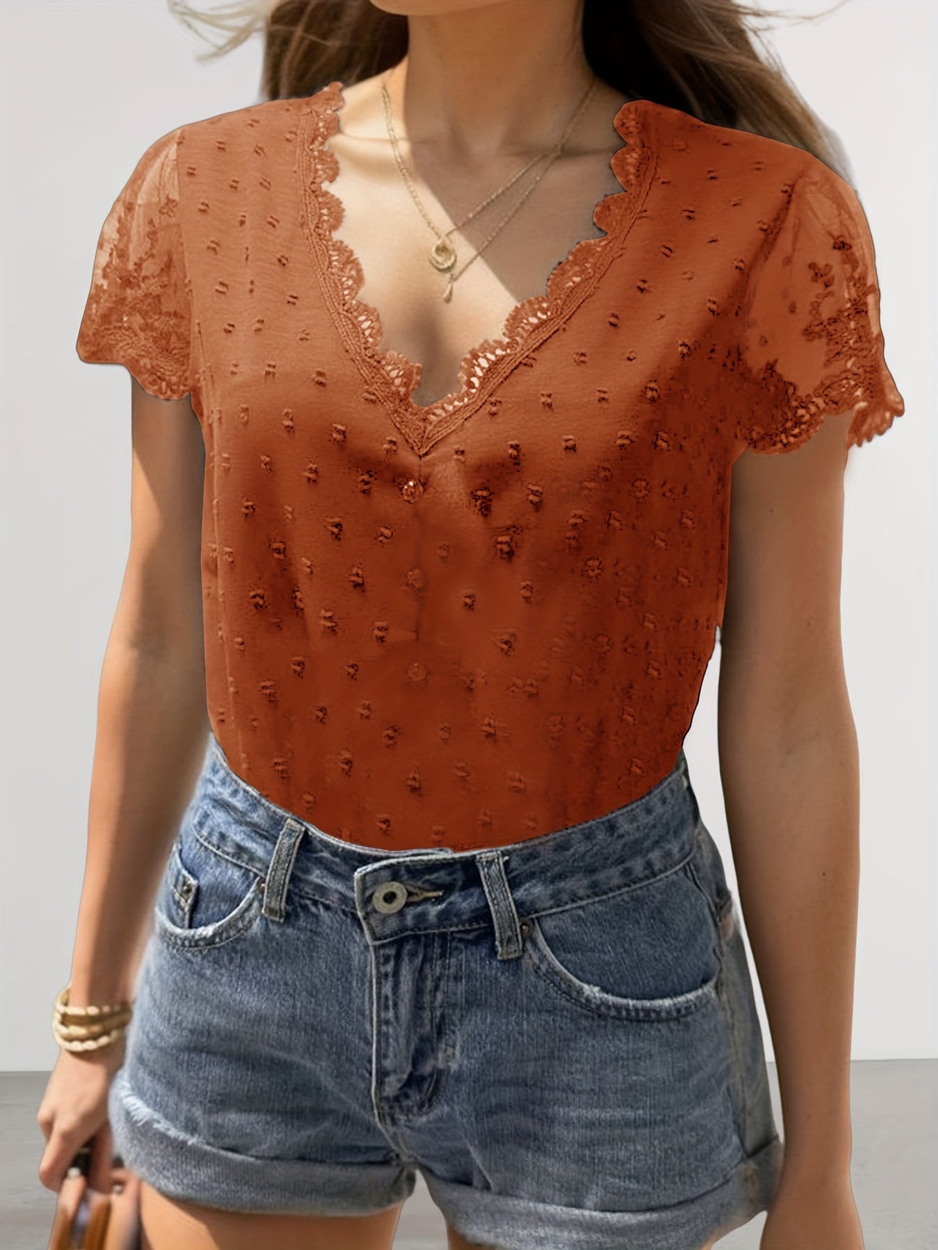 Swiss Dot Contrast Lace Blouse, Vacation V-neck Short Sleeve Button Front Blouse, Women's Clothing