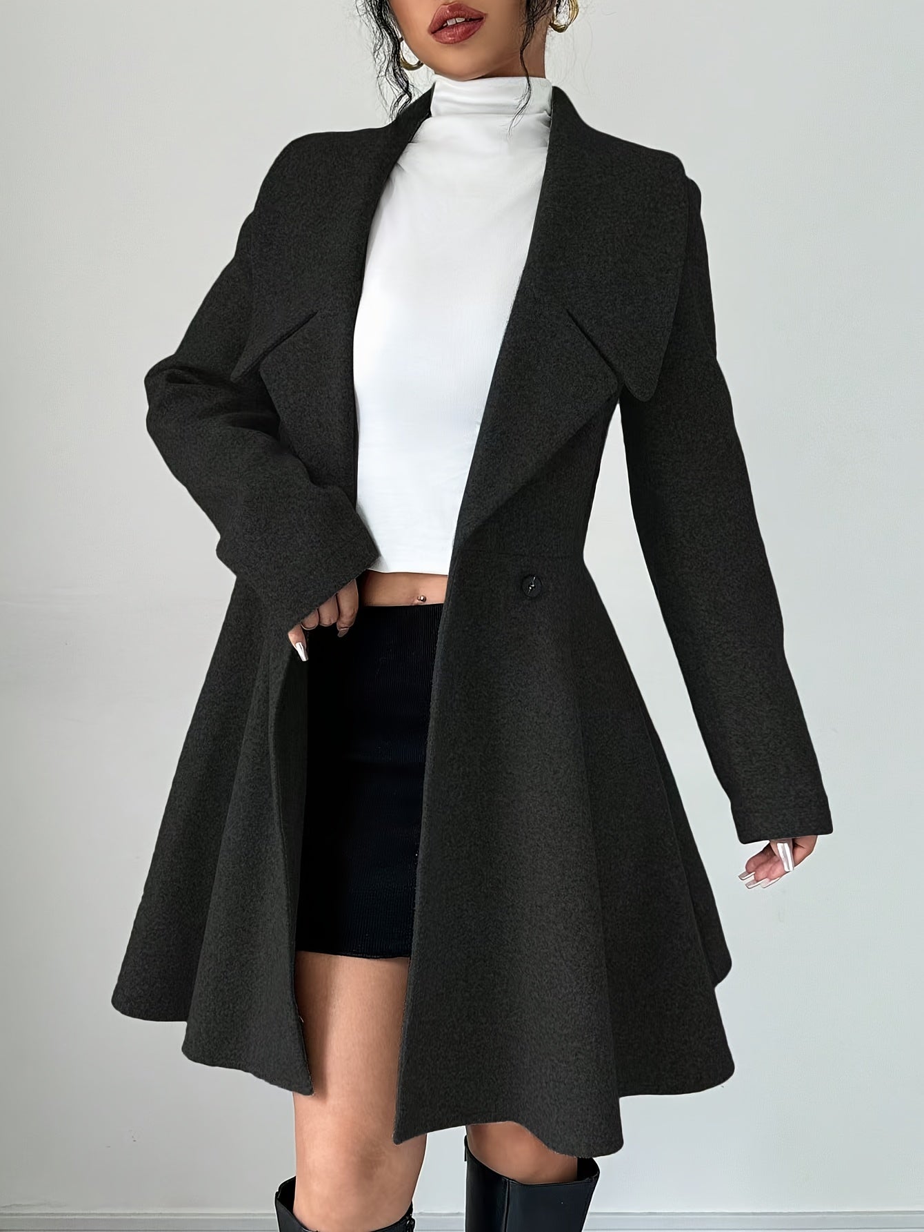 1 abrigo elegante de mujer de color liso con cuello alto, manga larga y doble botonadura, tejido de poliéster para otoño/invierno con detalle de botones