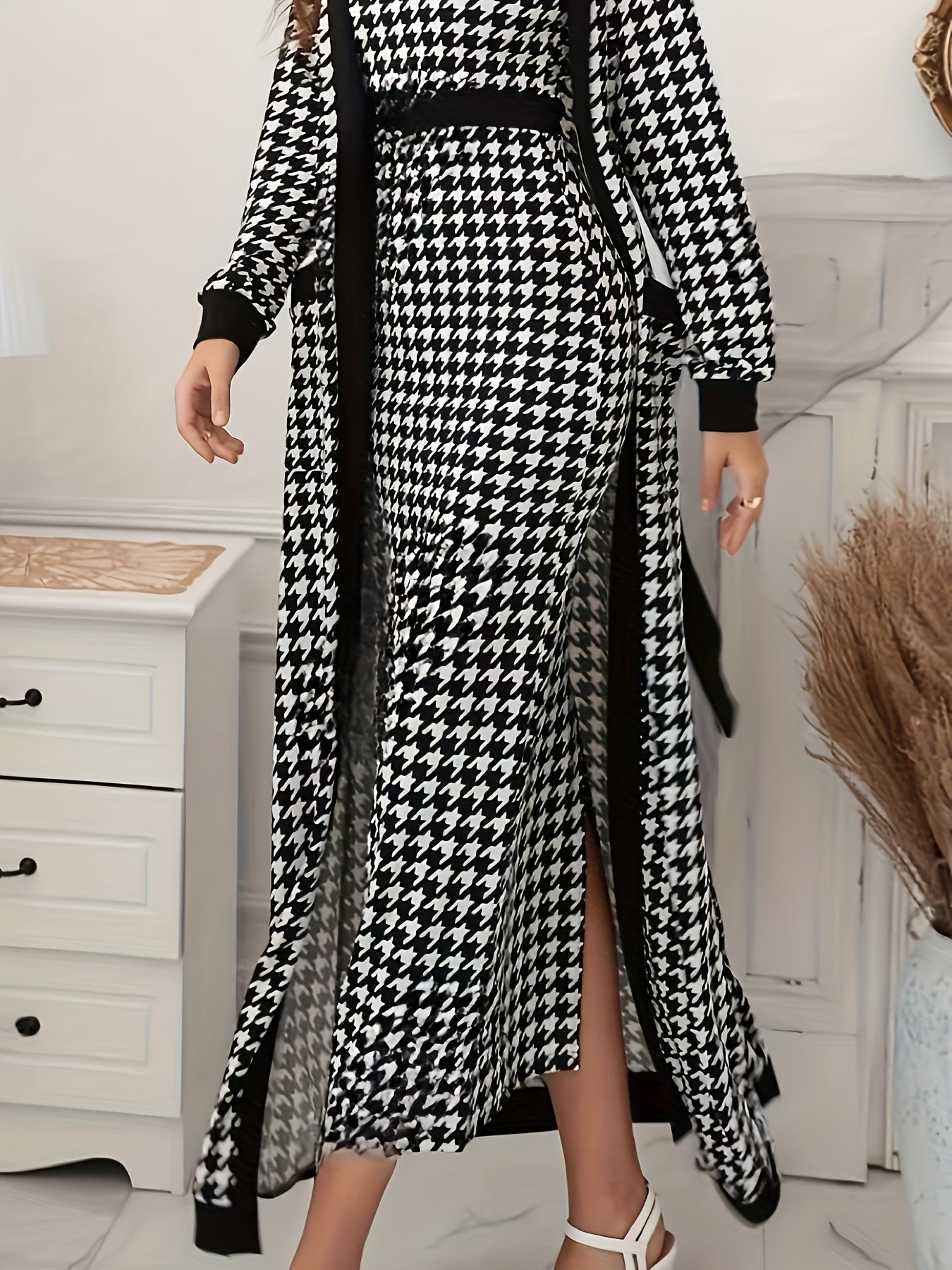 Conjunto de falda elegante con estampado de pata de gallo, vestido ajustado sin mangas con cuello redondo y chaqueta de manga larga abierta al frente, ropa de mujer