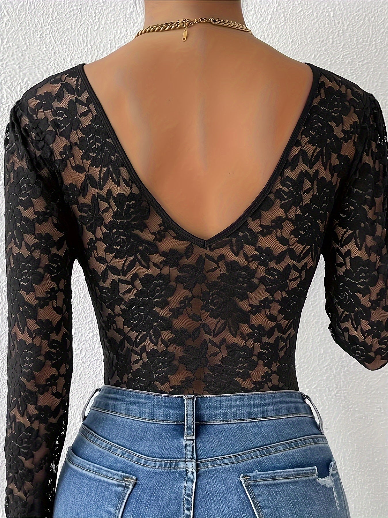 Body sexy de encaje de manga larga para mujer, escote en V, estampado floral semitransparente, corte elástico