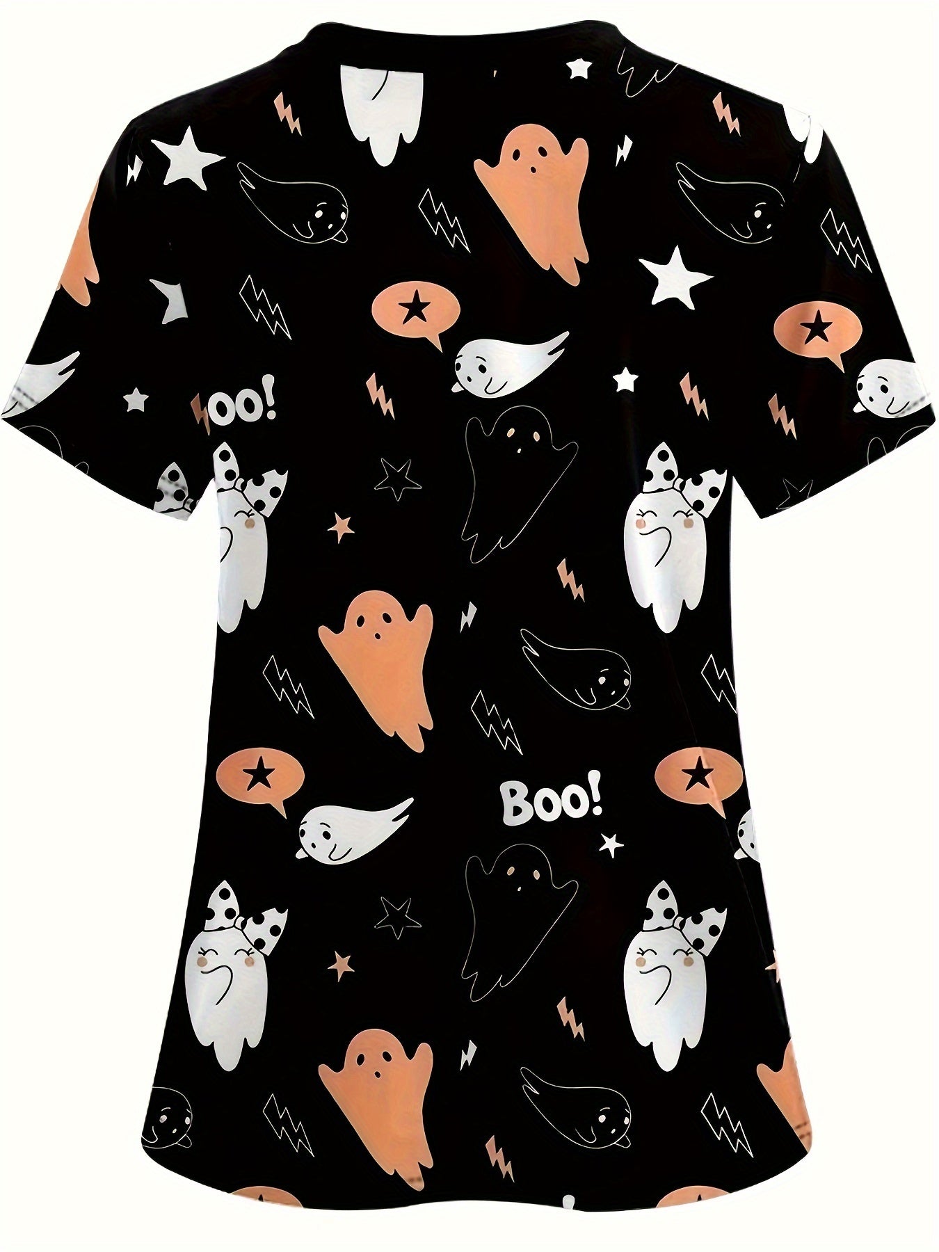 Women's Vintage Ghost Print Scrub Top - Comfortable & Stylish Healthcare Uniform with Pockets, Perfect for Hospitals & Dental Clinics