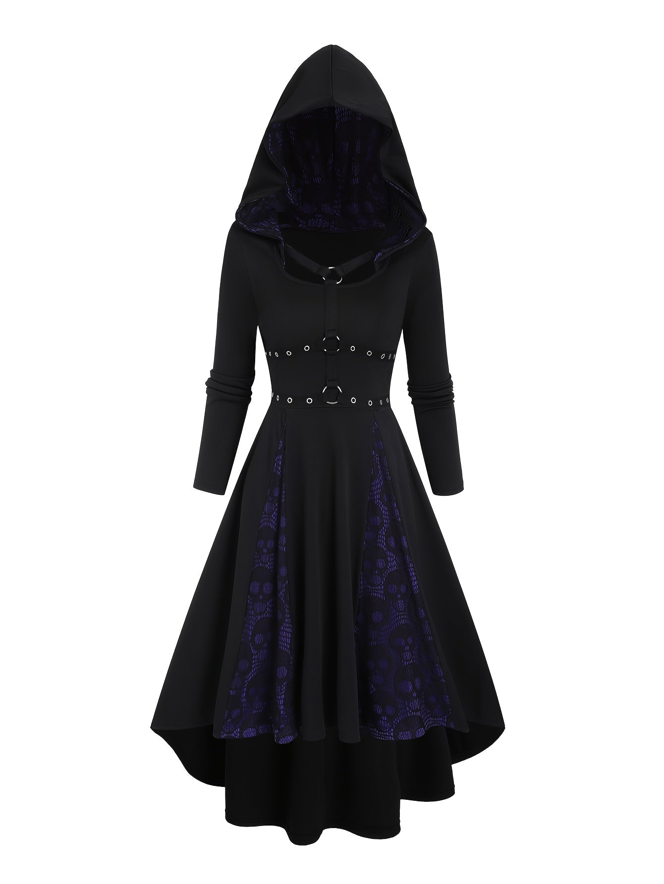 1 vestido elegante de poliéster con capucha, encaje en contraste y estampado de calaveras, manga larga, bloque de color con detalle de aro en forma de O, vestido de patinadora de corte A en tejido de punto para adultos, colección otoño/invierno