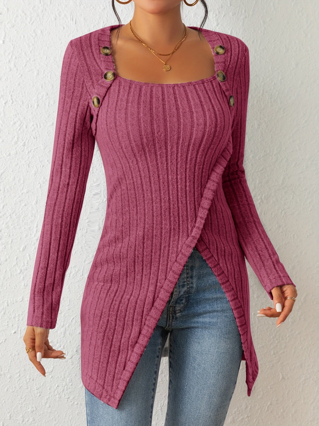 Chic Ribbed Long Sleeve Top with Unique Button Accent - Asymmetrical Hem - Perfect for Womens Spring & Fall Fashion